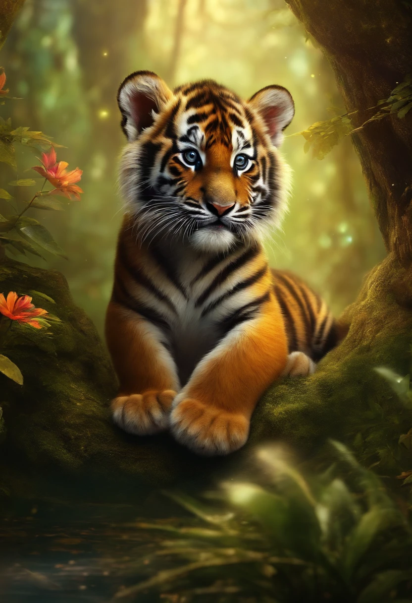 Create for me a tiger cub with colorful magical effects circling it, he's in a magical forest, o filhote de tigre tem detalhes coloridos