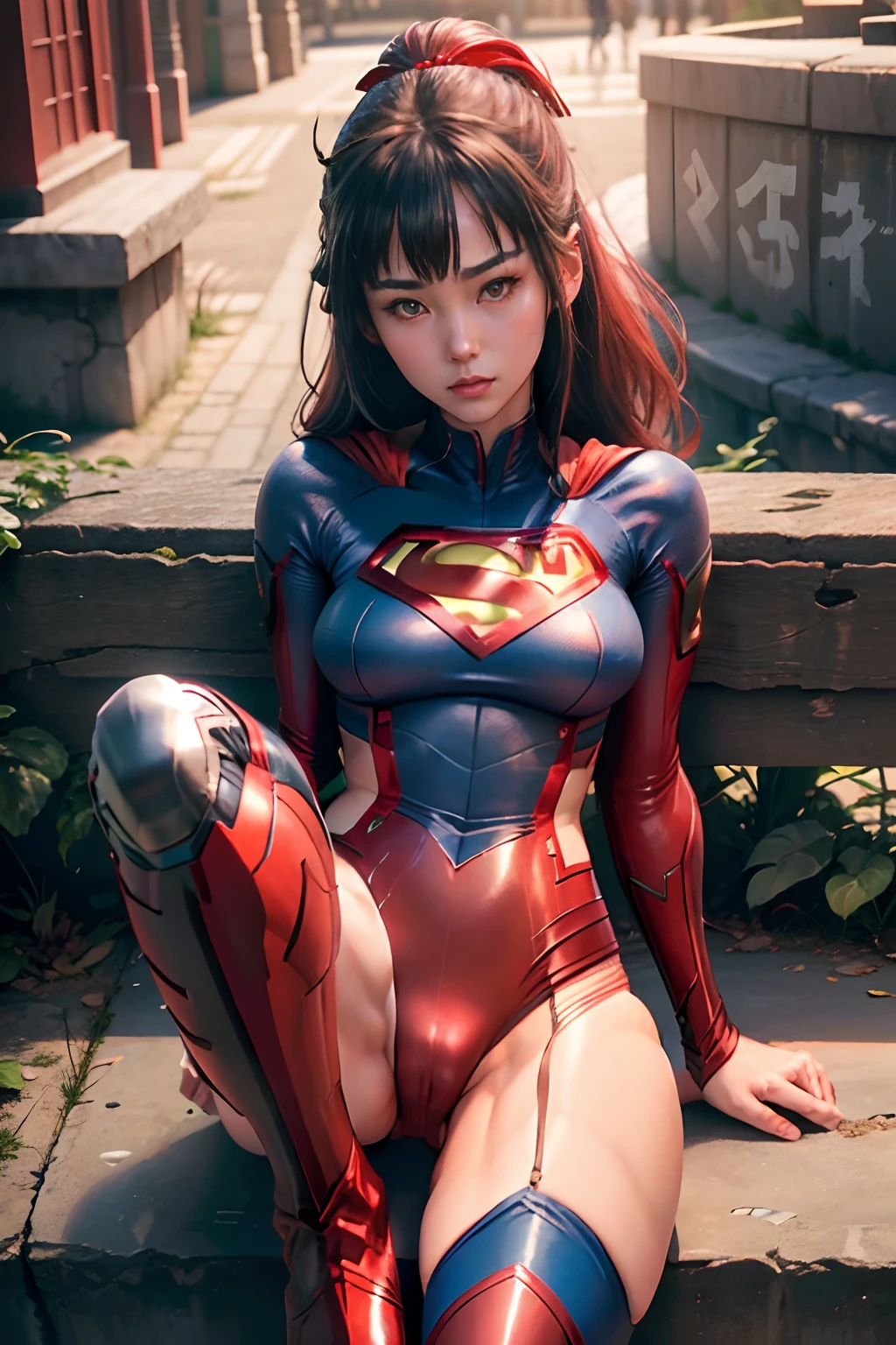 NSFW、top-quality、Top image quality、masterpiece、Create Japan Women, Day Park Bench, Black shiny hair, student, Ponytail hair with bangs, Blue Eyes and Igamem Realistic RAW 8K, Park bench in the day, Lens Tips, Superman S, Separate costume in the style of uniform for athletics、Superman's Supergarment is Blue Metallic、abdominals、(((Small red metallic panties))), (((highleg)))、(((Cameltoe))), bulge in panties, female pervert々Lion Junior, (embarrassed from)、red blush, (Sweat), Superman S symbol on background、M-shaped legs、Open your crotch wide from side to side, Show me spread your legs、(((Long boots in red metallic pin heels)))、gazing at viewer、Show your crotch to viewers、