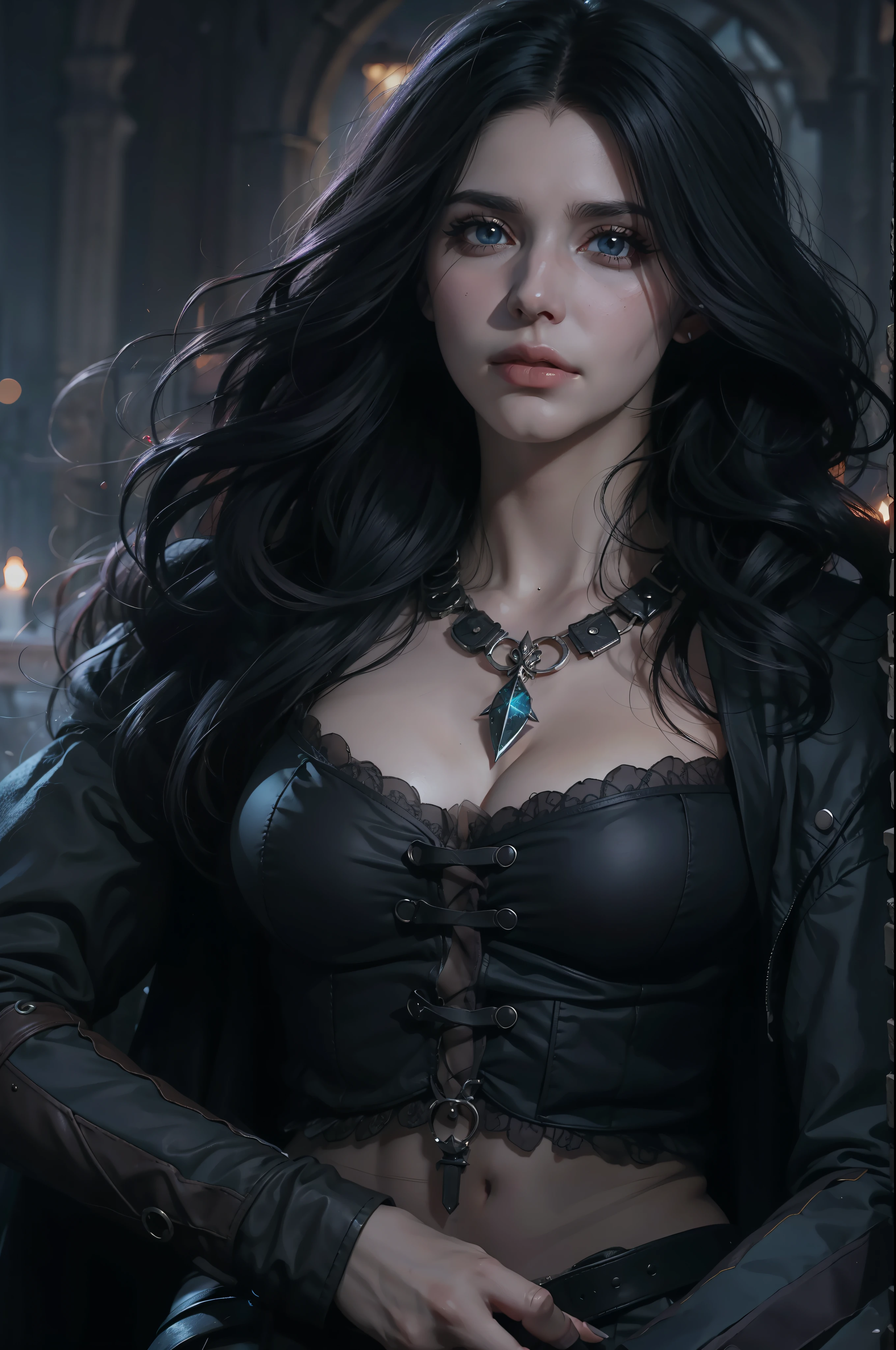 Mulher bonita que lembra Yennefer de The Witcher como uma necromante com longos cabelos pretos e olhos violetas brilhantes, obra prima, ultra qualidade, 8k, cabelos caindo sobre seus ombros