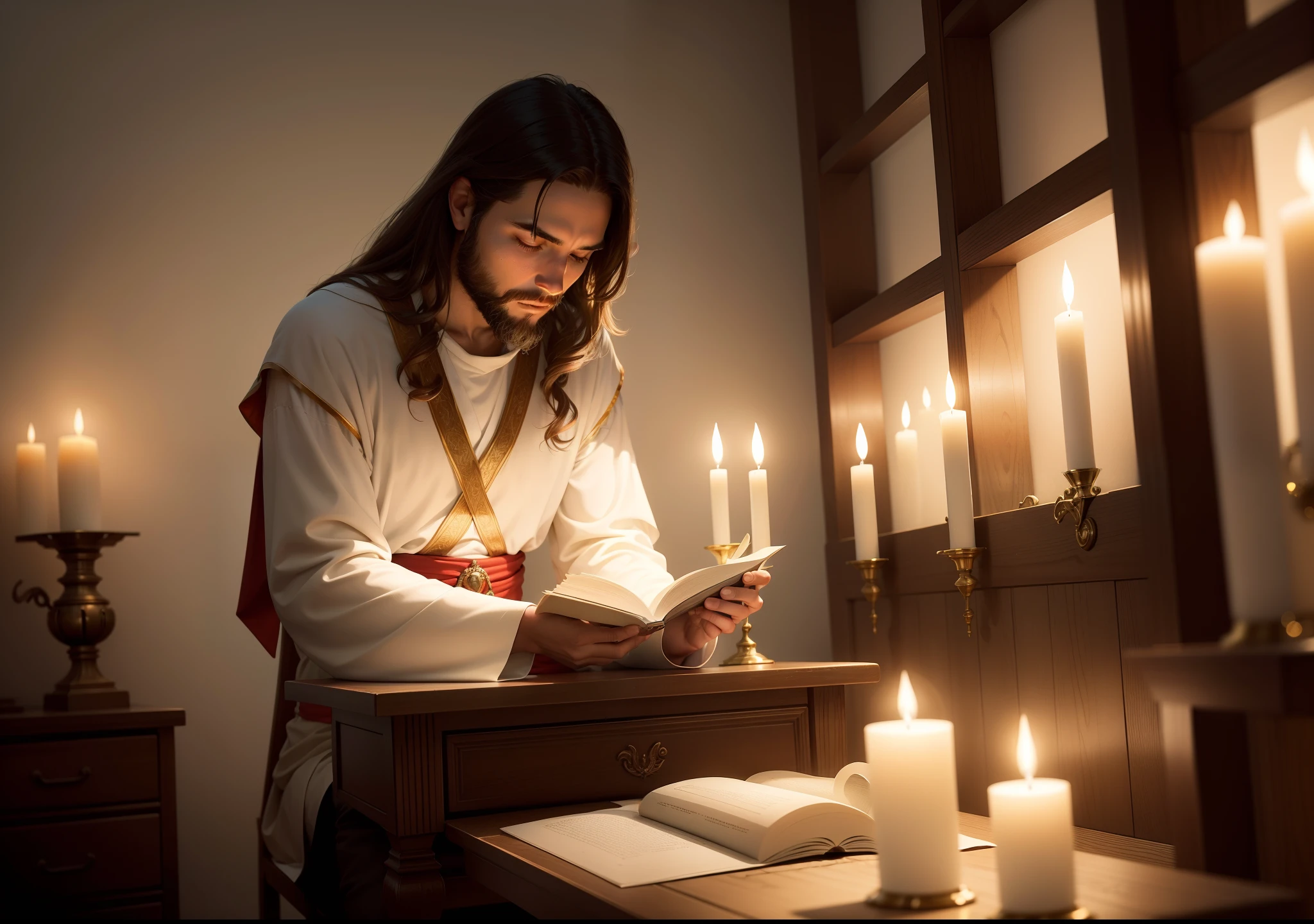 Generate a vivid image with Jesus in depth, Reverent prayer, sitting behind a table meticulously arranged in his divine office. Visualize a atmosfera com uma variedade de velas elegantemente dispostas, fundindo um quente, brilho suave ao redor da sala. Acima de Jesus, A radiant, ethereal light descends from the heavens, enlightening him as he prays with profound serenity and grace.