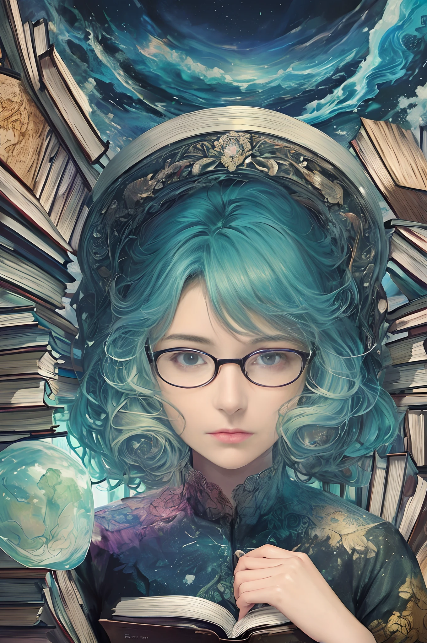 (trippy art:1.4),A 40-year-old teacher, Teacher, Wearing glasses, (Surrounded by a dozen books:1.4), upper body lens,the sea,wave,knowledge,book