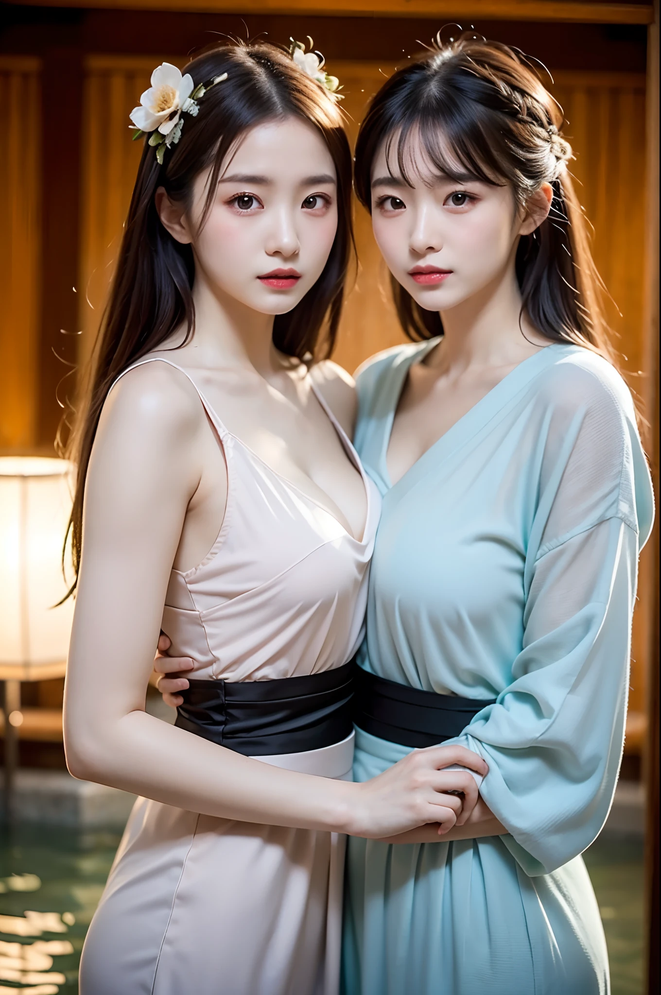 (Hanfu,Chinese costumes),Stick together,Cuddle together,Rest your head on your shoulder,scowling,long whitr hair,Bangs on both sides,(A half body,Close-up),Skinny and small,beautidful eyes,Super detailed face,Beautiful woman,Tight and thin waist,Celebrity,Raised sexy,(outside,hot onsen,nevando,florals,grassy,earthy,nedium breasts),Sharpen,Front light,twincest