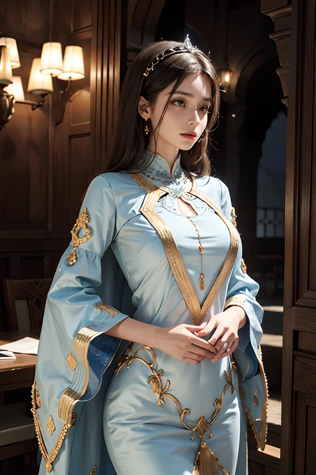 A woman in a blue dress standing in a room - SeaArt AI
