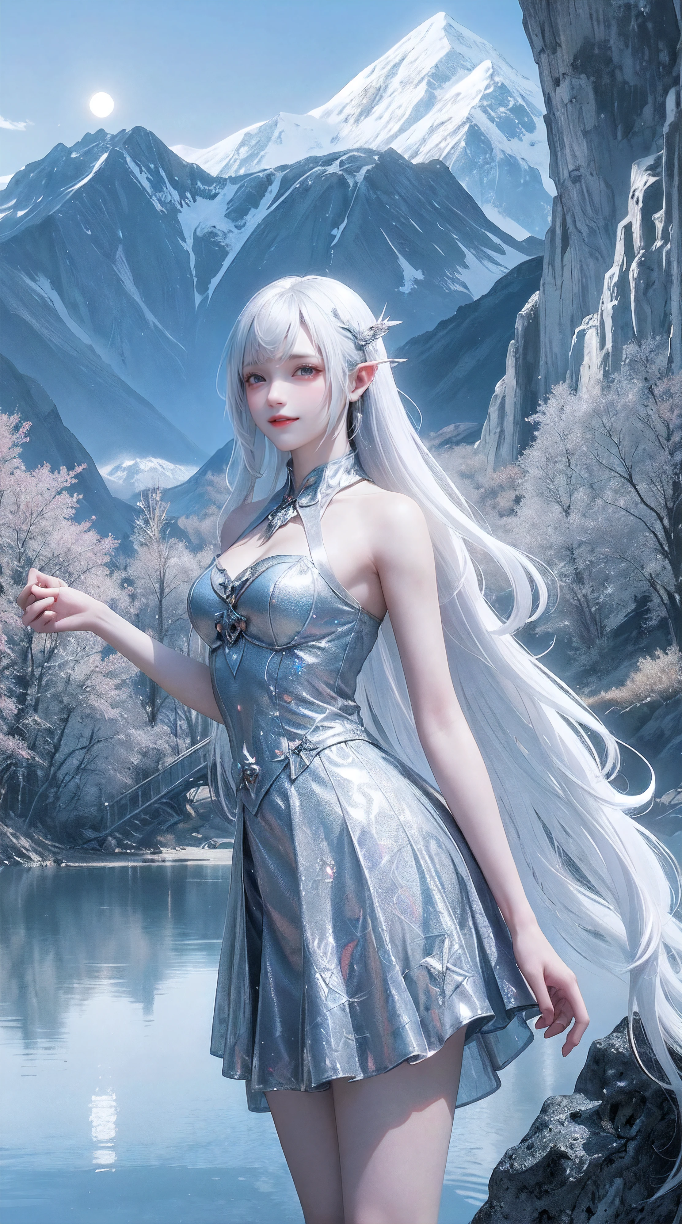 Starry Night,Tall and beautiful, White gown, swan, Flowers in hands, Wearing Jewelry, In the middle of the lake,Shoes made of colorless crystal,ring,bracelet,Gray Hair, White skin, Detailed Art, 3d,8k;High resolution, high quality, photograph, character, model, Dancing Girl