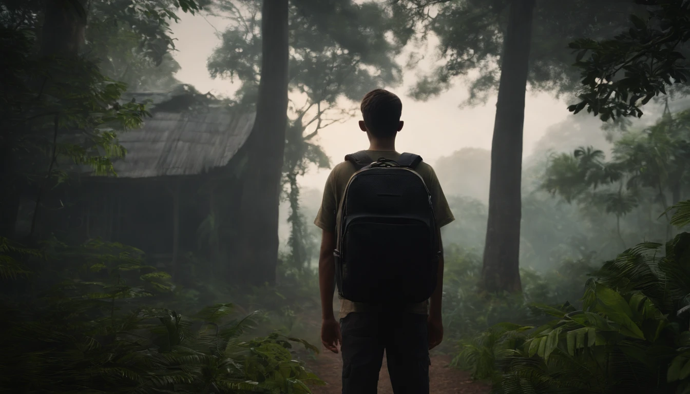 Hunted mention,  18 year old boy standing front of hunted mention with bagpack, dark, YouTube thumbnail, one boy, hunted house, dark moody, realistic, 4k,render,house in middle of the jungle, horror