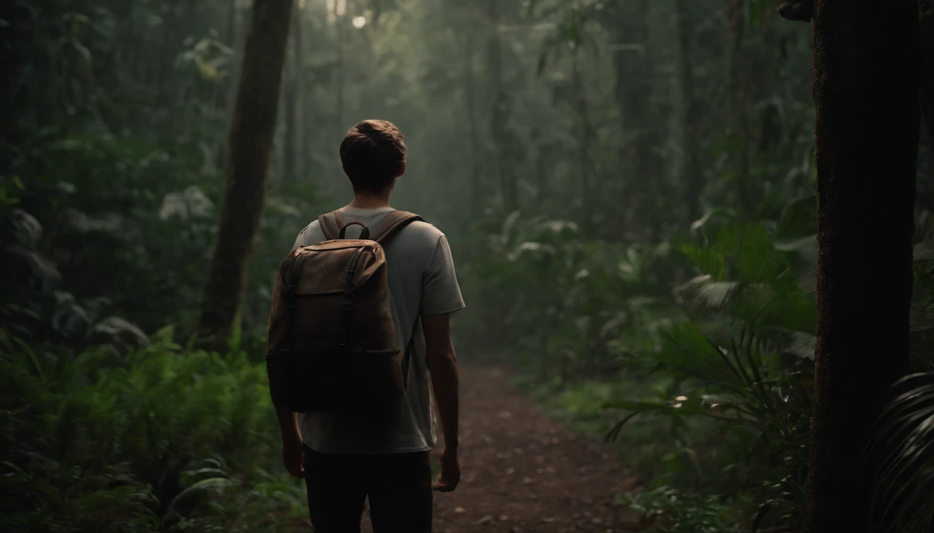 Hunted mention, 18 year old boy standing front of hunted mention with bagpack, dark, YouTube thumbnail, one boy, hunted house, dark moody, realistic, 4k,render,house in middle of the jungle, horror
