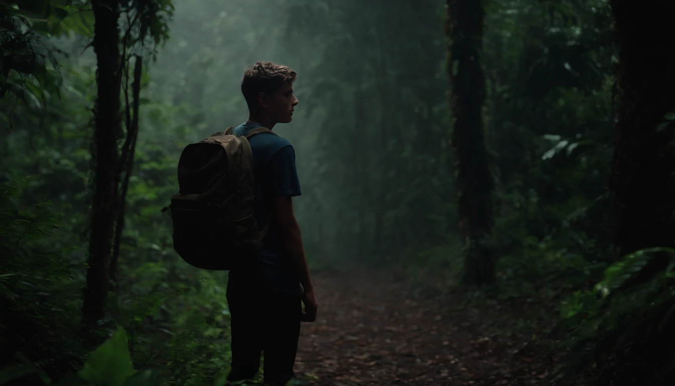 Hunted mention,  18 year old boy standing front of hunted mention with bagpack, dark, YouTube thumbnail, one boy, hunted house, dark moody, realistic, 4k,render,house in middle of the jungle, horror