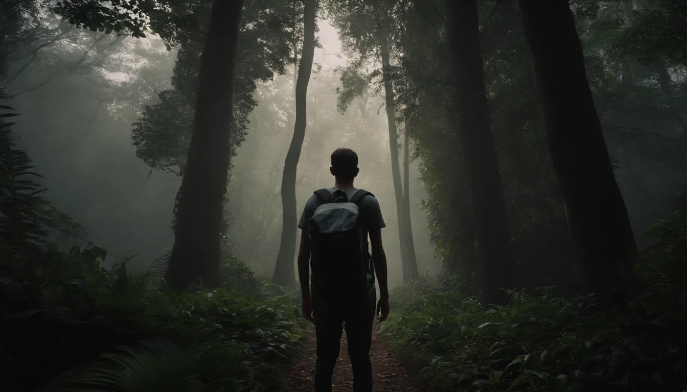 Hunted mention, 18 year old boy standing front of hunted mention with bagpack, dark, YouTube thumbnail, one boy, hunted house, dark moody, realistic, 4k,render,house in middle of the jungle, horror