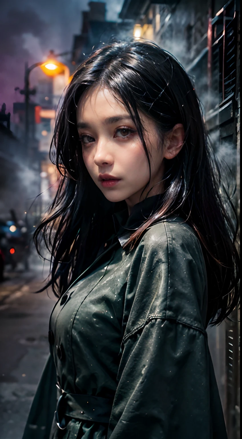 Horror theme, underworld theme, dark element,portrait, realistic high quality masterpiece, (beautiful) Japanese female,sad face, detailed face, age 27, symmetrical eyes,symmetrical face,subtle vampire fangs, violet eyes, wavy long black hair, walking down dark,black magic, foggy, misty, moonlit alley,clouded quarter moon in sky in background, moonlit,with fog and shadows, spooky,nightime,cinematic lighting,dressed conservatively, wearing a deep purple lace top & double breasted coat black (buttoned up) closed coat black, medium length black skirt black., fix hands, detailed lips