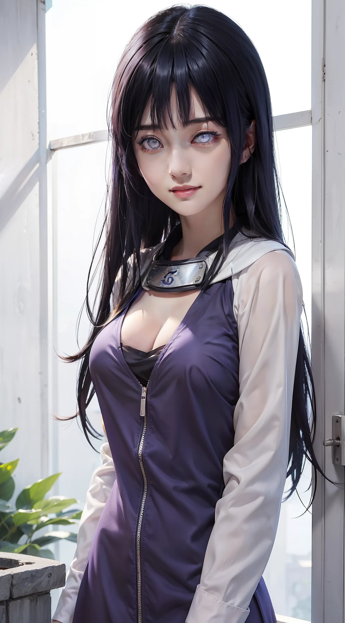 1girl, hyuga hinata in anime naruto, long hair, dark blue hair, white eyes, smile, beautiful, sexy dress, sexy clothes, purple and white clothes, very big breast, realistic clothes, detail clothes, outdoor background, ultra detail, realistic