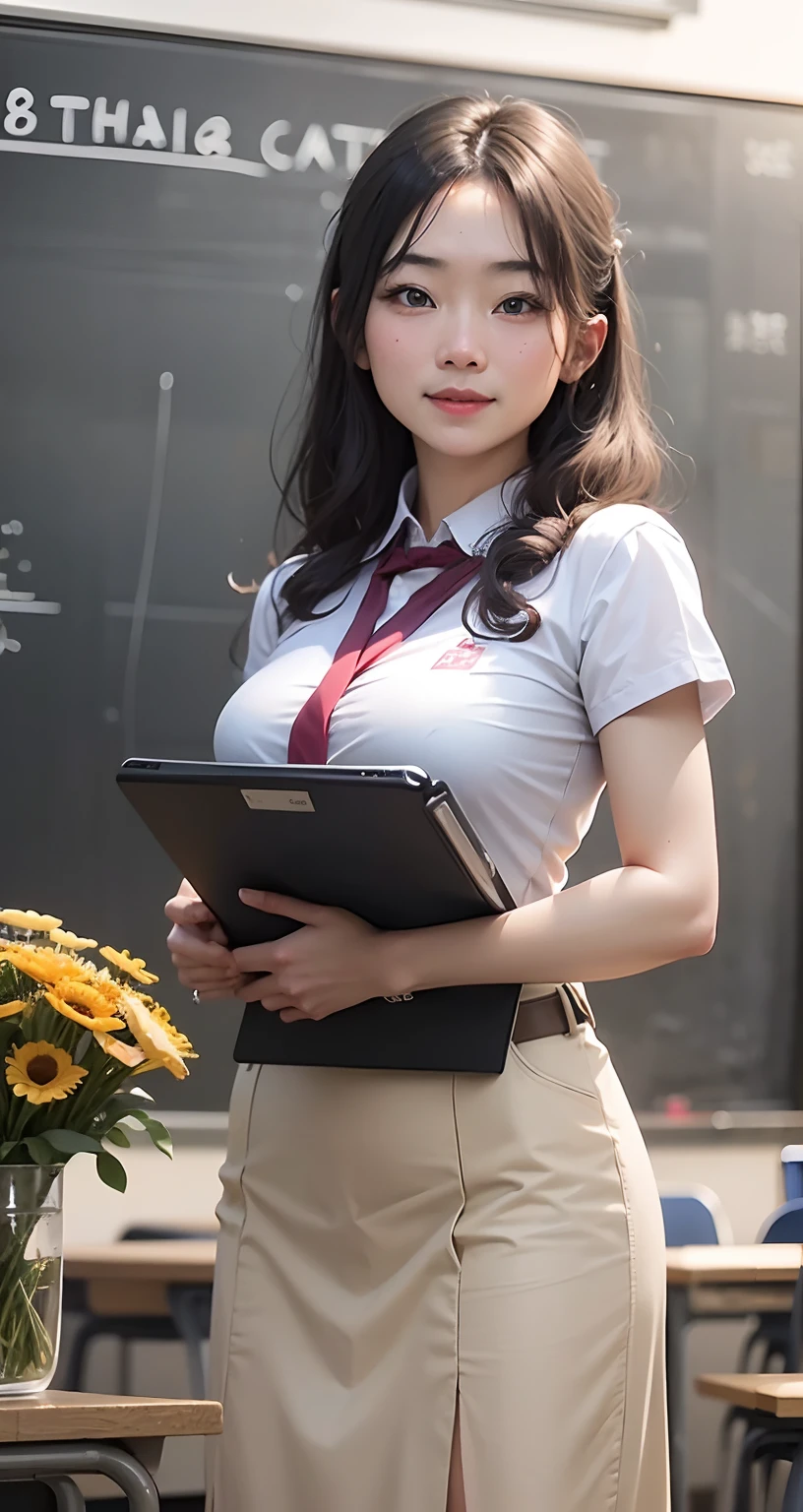 8k, RAW photos, sportrait, best qualtiy, 超高分辨率, realisticlying, 1. The teacher stands on the podium,Happy Teacher's Day,fresh flowers,cinmatic lighting, depth of fields, lens flare glow,
