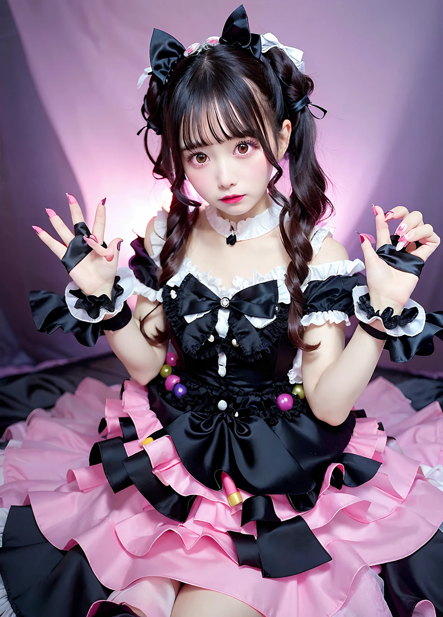 Woman in black satin dress posing for photo, angelic pretty, Belle Delphine, fairycore, kawaii decora rainbowcore, portrait of the magical ta girl, Lolityle, y 2 k cutecore clowncore, cutecore, Lolita Fon, by Ayami Kojima, kinomoto sakura, Satin costume with frills, Lori, juri misaki