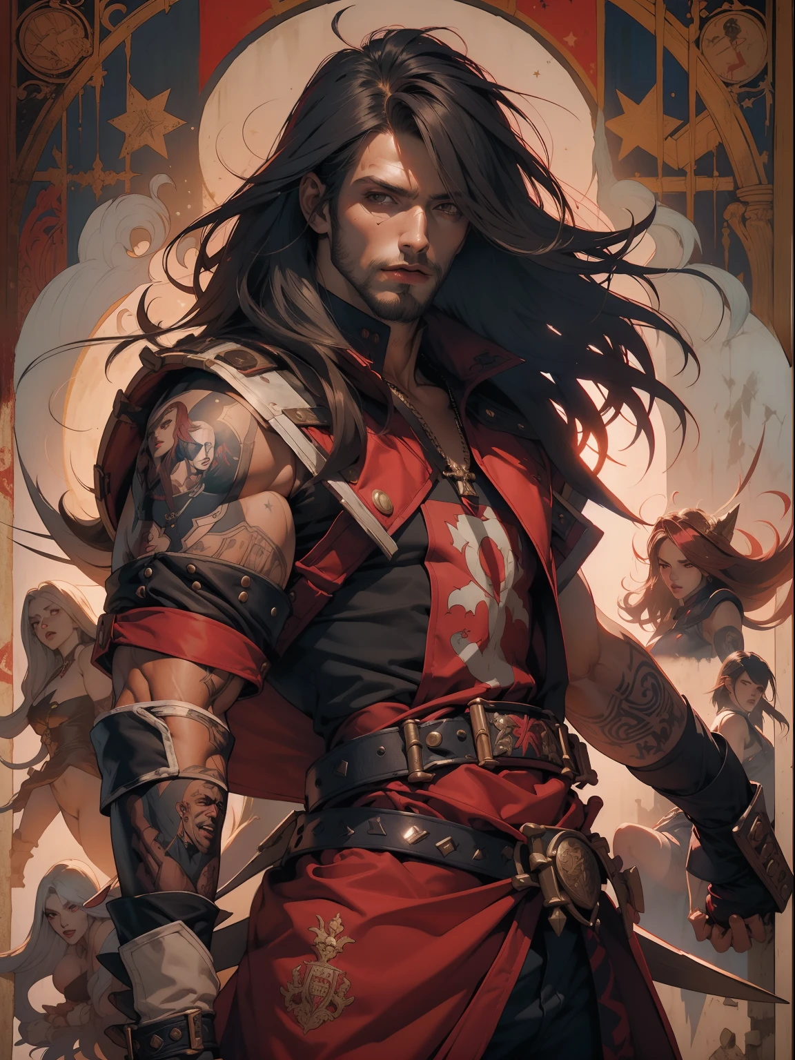 (((Homem))), (((melhor qualidade))), (((obra prima))), (((adulto))), (((ung man))), ((( corte de cabelo bob ))), Um vampiro alucard, Castlevania, de 25 anos com corpo perfeito, shoulder pads with metal spines, Gladiadores do Brooklyn, (( corte de cabelo bob )), Tiny leather pants, camiseta de time de rugby rasgada, quase nu no estilo selvagem urbano de Simon Bisley para a capa da revista Heavy Metal, Cabelo branco, Minimum clothing, Metal protection on the left arm with intricate graphics, Dark red with white stars and white and navy blue checkerboard pattern, armadura, cheio de pontas e rebites, (((do joelho pra cima))), cabelos branco curto, no fundo uma parede pintada por Shepard Fairey com um design intrincado