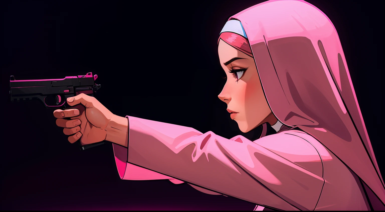 side view, woman, wearing a pink nun suit, pointing a pistol, dark background, night time,
