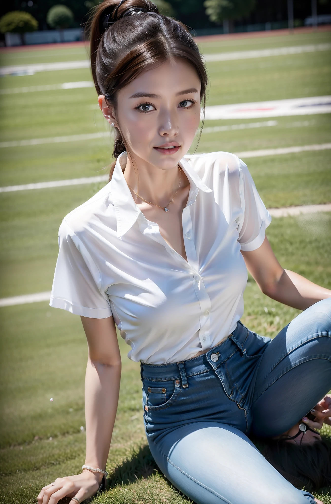 Ultra-high quality photos，A high resolution，16k，1 very beautiful female high school student，Wear a white button-down sheer shirt and low-rise jeans（Ultra-detailed clothing:1.5），Play with the ball on the grass of the football field，（On the grass:1.02），Super high value，perfect body figure，Beautiful short ponytail，Delicate hair，Fair face and skin，Beads of sweat on the forehead，Have fun on the playground，（（（The chest is huge））），Breasts are full and straight:1.5，（The clothes on the chest are high and bulging, Tightness and bulging:1.5），Delicate fair and soft toes，White and delicate fingers，（Delicate sneakers:1.5），Focus on the chest，fully body photo:1.8