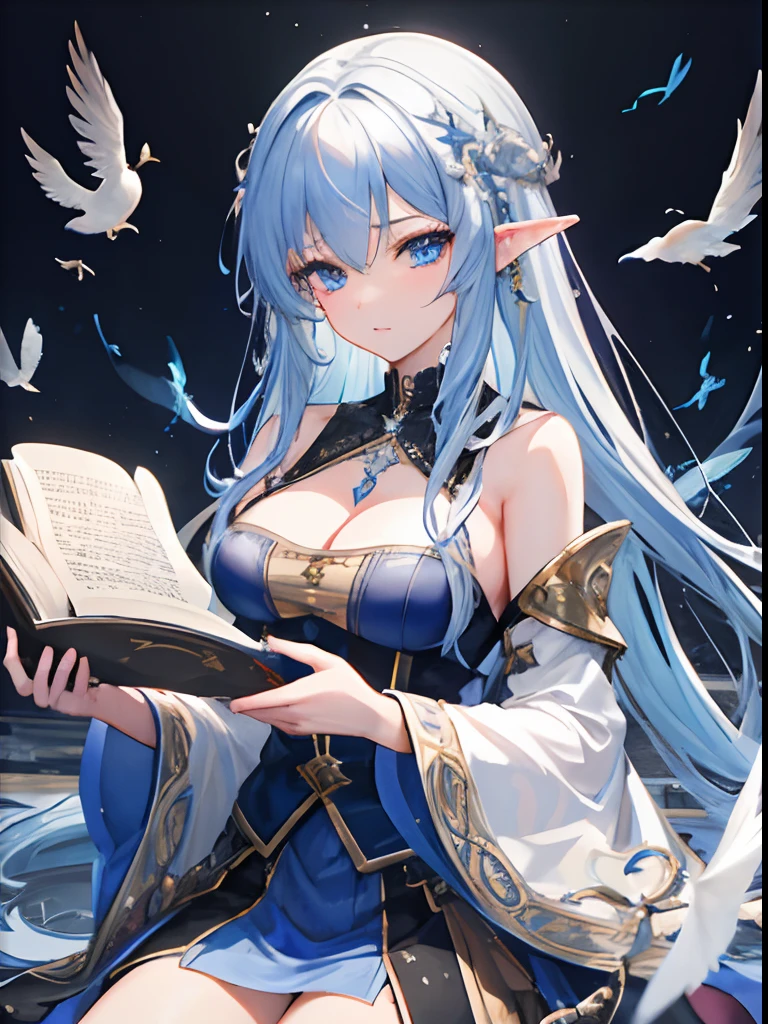 (masterpiece, best quality, extremely detailed CG, beautiful detailed eyes, ultra-detailed, intricate details:1.2), 8k wallpaper, elaborate features,
(1girl, solo:1.4), long hair, streaked hair, elf, looking at viewer, blue eyes, earring, panties, ankle bracelets, large breasts, arcane, necklace,wand, serious,
blue flame, feathers, bird,magic surrounds,magic rod, magic ball, book,pages flying all over the sky,magic circle,incantation, night, dark