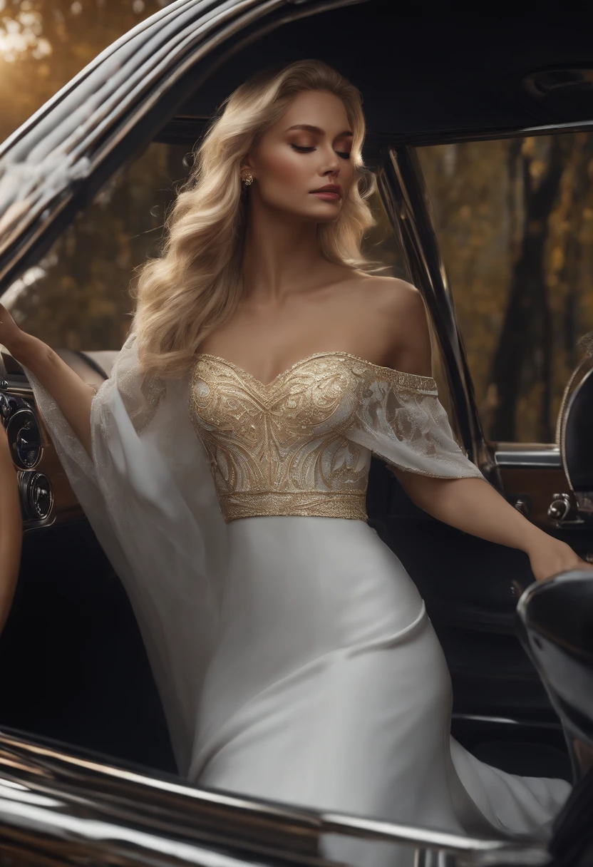((Masterpiece)), ((Best quality)), 8K, HD, Super detail, (woman), (white dresses,Set with yellow gold edges), (The blonde hair shawl was scattered), (expression closed eyes) (Sleep in the car 1.6) (Full body display 1.4) The artwork is a masterpiece, With the best quality and super details, Shot in 8K HD. photographrrealistic, Realistic, Very detailed illustrations are realistic, Octane rendering