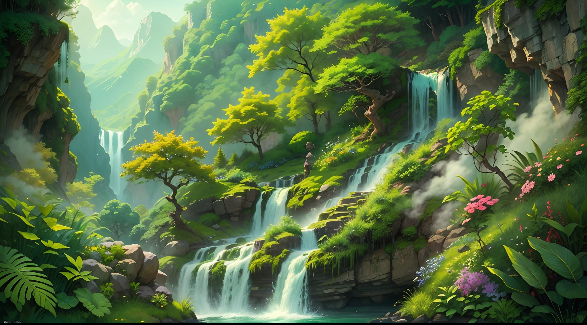 Masterpiece, best quality, 8K, high res, ultra-detailed, A scene of a waterfall cascading down a high cliff amongst lush greenery, adorned by vibrant flowers, towering pines, and delicate bamboo groves,no humans, sakura, beautiful view, ultra-detailed, fine detailed, highly detailed, intricate, highly detailed, ultra-detailed, scenery,no humans, lush green mountains, winding rivers, misty atmosphere, solitary, intricate details, delicate features, verdant trees, blooming flowers, druid's circle, soft moss, deep forest, intricate leaves and vines, wisps of light, still pool of water, pristine, verdant green, A picturesque scene of a waterfall cascading down a high cliff amongst lush greenery, adorned by vibrant flowers, towering pines, and delicate bamboo groves.