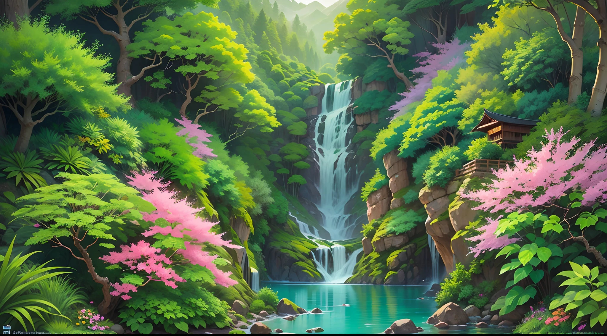 Masterpiece, best quality, 8K, high res, ultra-detailed, A scene of a waterfall cascading down a high cliff amongst lush greenery, adorned by vibrant flowers, towering pines, and delicate bamboo groves,no humans, sakura, beautiful view, ultra-detailed, fine detailed, highly detailed, intricate, highly detailed, ultra-detailed, scenery,no humans, lush green mountains, winding rivers, misty atmosphere, solitary, intricate details, delicate features, verdant trees, blooming flowers, druid's circle, soft moss, deep forest, intricate leaves and vines, wisps of light, still pool of water, pristine, verdant green, A picturesque scene of a waterfall cascading down a high cliff amongst lush greenery, adorned by vibrant flowers, towering pines, and delicate bamboo groves.