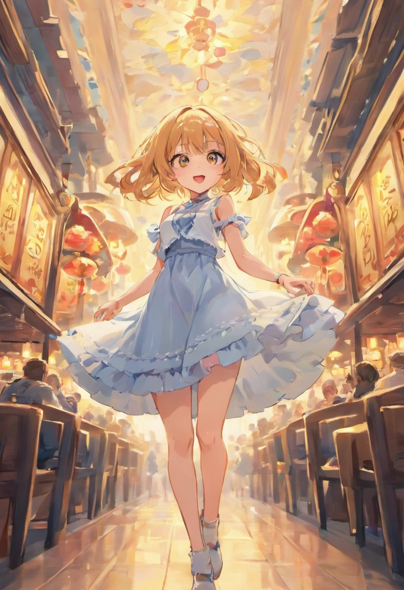 realisitic、femele、White dress、Medium hair、cafe terrace、date、appointment、Turn up your skirt、open one's legs、Show underwear、Joyful expression