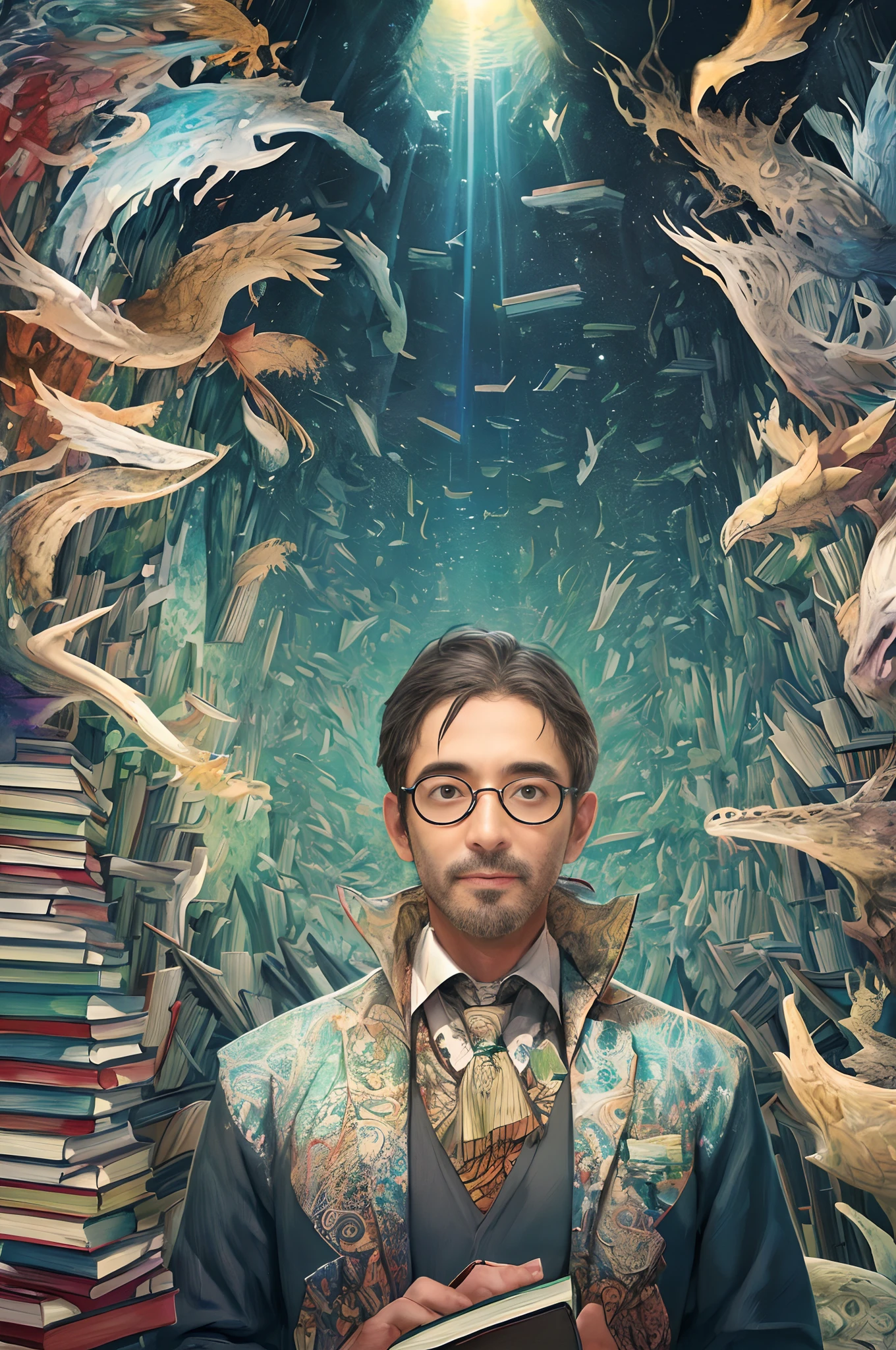 (Trippy Art:1.4),A 40-year-old teacher, Teacher, Wearing glasses, (Surrounded by a dozen books:1.4), upper body lens,the sea,wave,knowledge,book