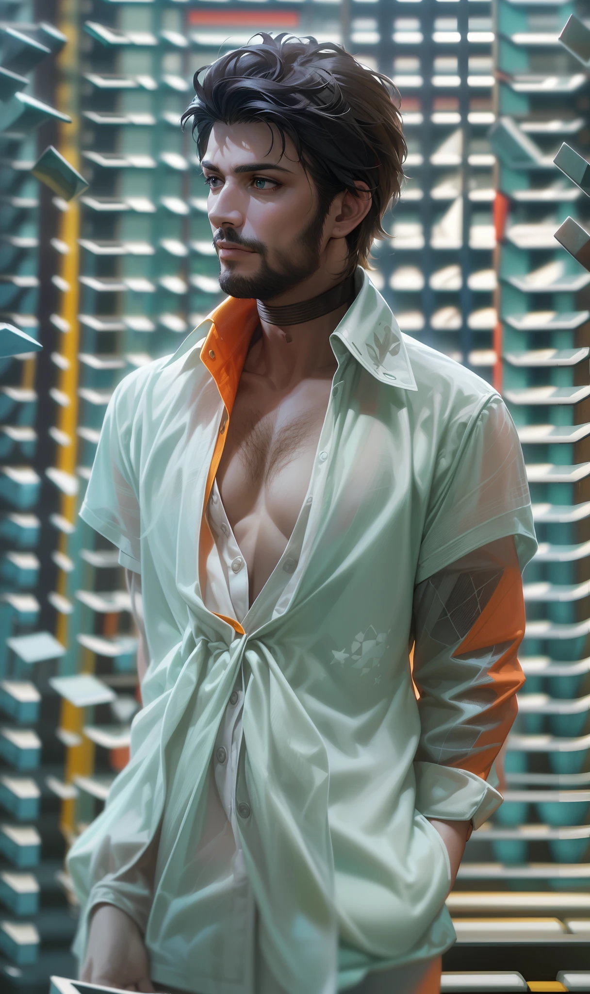 (best quality,4k,8k,Alto,master part:1.2),ultra-detalhado,(Realistic,fotorrealista,photo-realistic:1.37),Hiper maximalista,retrato hiper realista,Fotografia para redes sociais,Realistic light strokes,UHD,Alto estilo fashion,cores vibrantes,Flares de lente,Various textures and patterns,holographic effects,dynamic compositing,dramatic shadows and highlights,Elementos futuristas,Fundos abstratos,Conceptual props,captivating expressions,clareza cristalina,Estilo editorial,dinamic poses,maquiagem ousada,joias ornamentadas,roupas de alta costura,Aesthetic scenarios,elementos de arte de falha,Color grading effects,Creative Angles,efeitos de profundidade de campo,Patterns inspired by pop art,movimentos de fluidos,imagens em camadas,Unconventional cultivation,Impacto visual deslumbrante,artistic experimentation,Innovative post-processing techniques,narrativa visual surreal,estética over-the-top,visuais atraentes,(best quality,Alto:1.2),(Realistic,fotorrealista:1.37),DETAILED PHOTOGRAPHY,Man with unique style,exclusive sunglasses,cabelo bonito,barba,Rich man's closet,espelho em segundo plano,vivid colors,foco nítido.