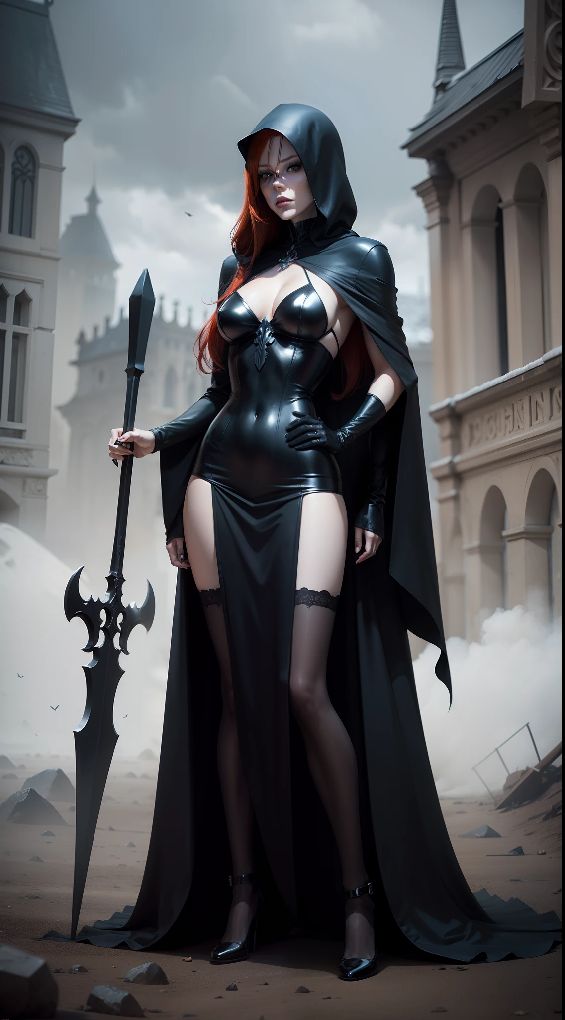 A stunning redhead dressed as the Grim Reaper, full body