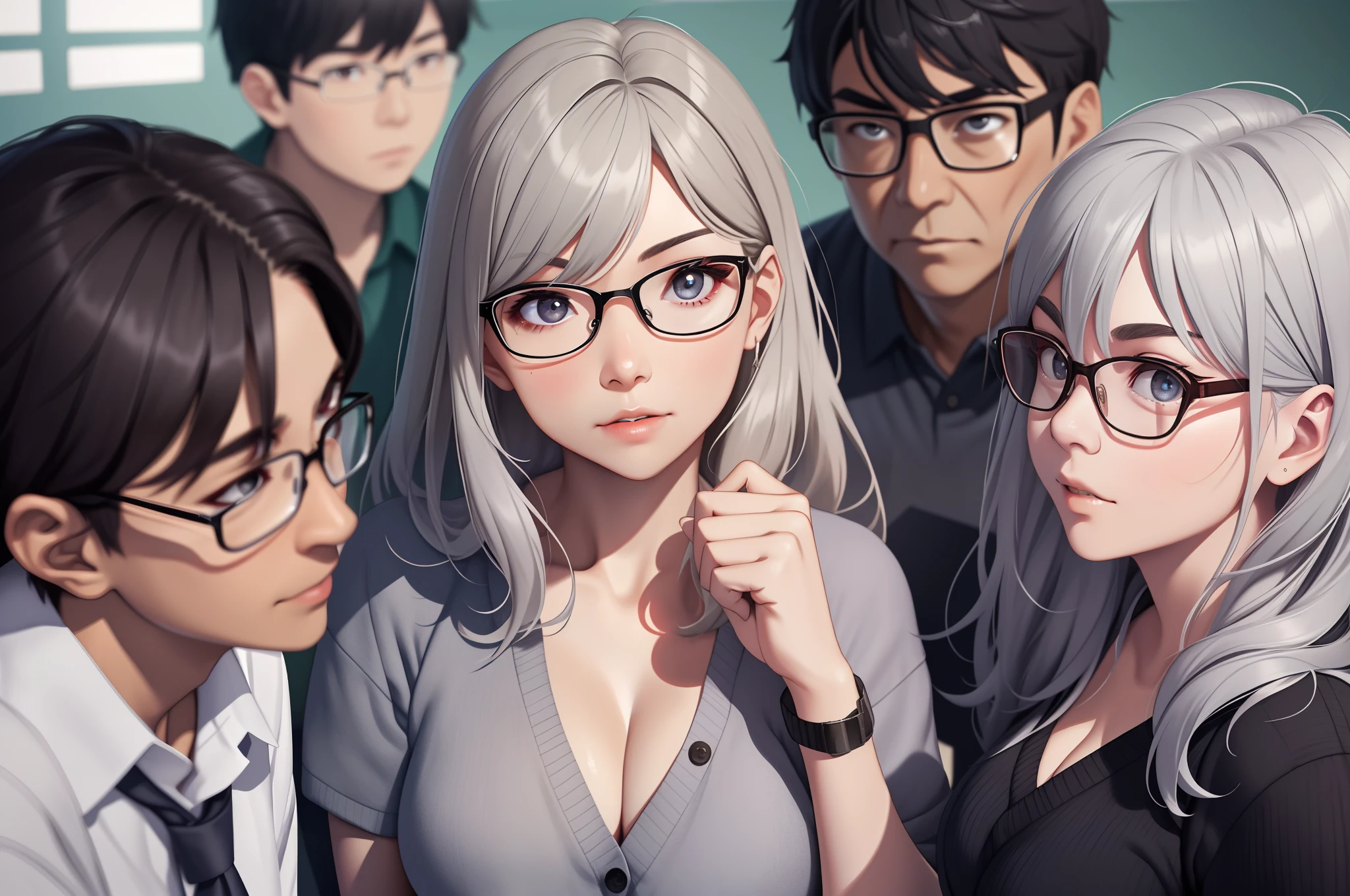In the classroom,A group of students gathered around the teacher to ask questions,Gray-haired old teacher,Asian people,wears glasses,closeup cleavage,sharp focus on eyes,8K,super-fine,oil painted,Hyper-realistic,best qualtiy