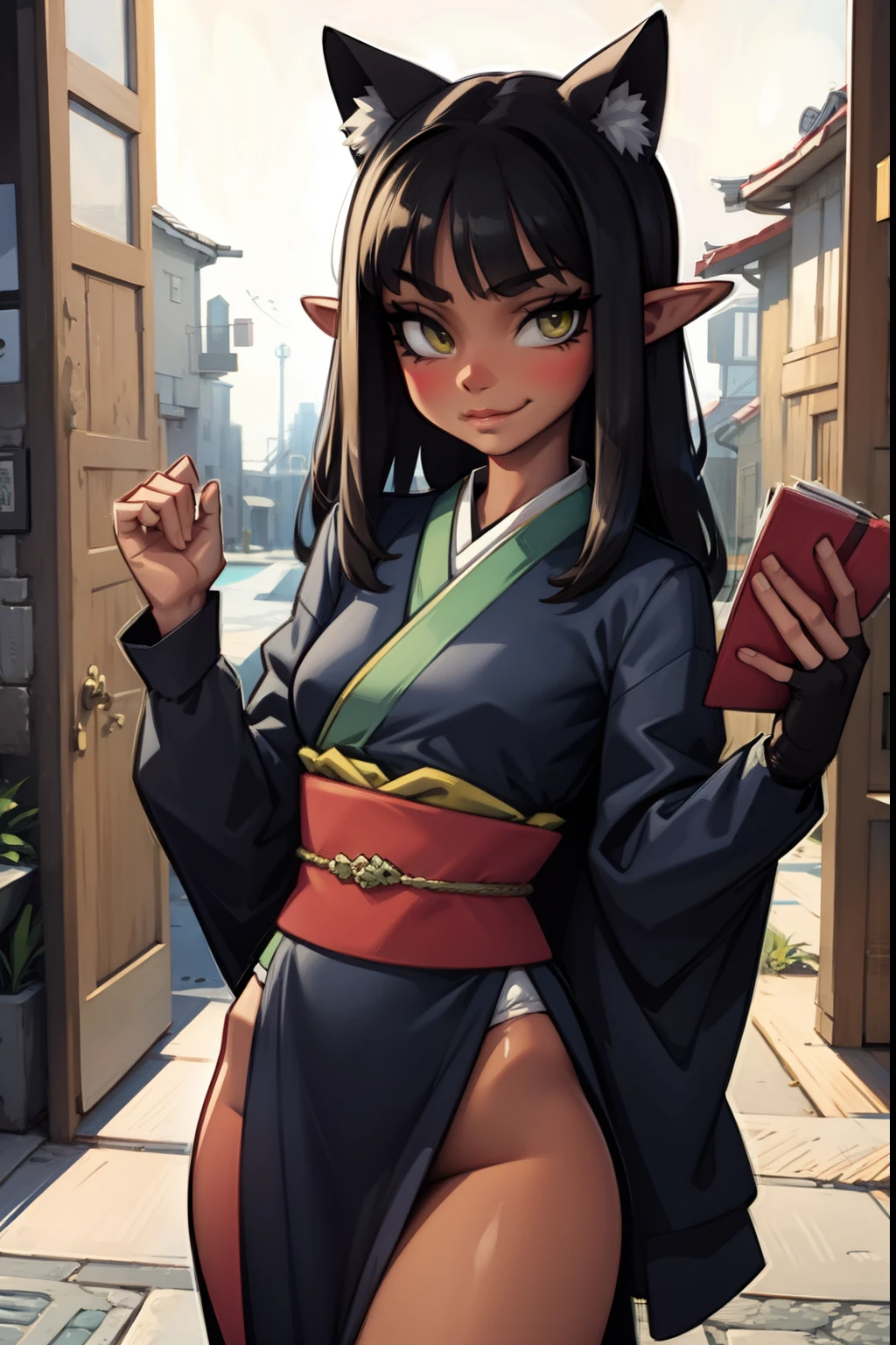 darkskin, elf AND catgirl, smirk, kimono