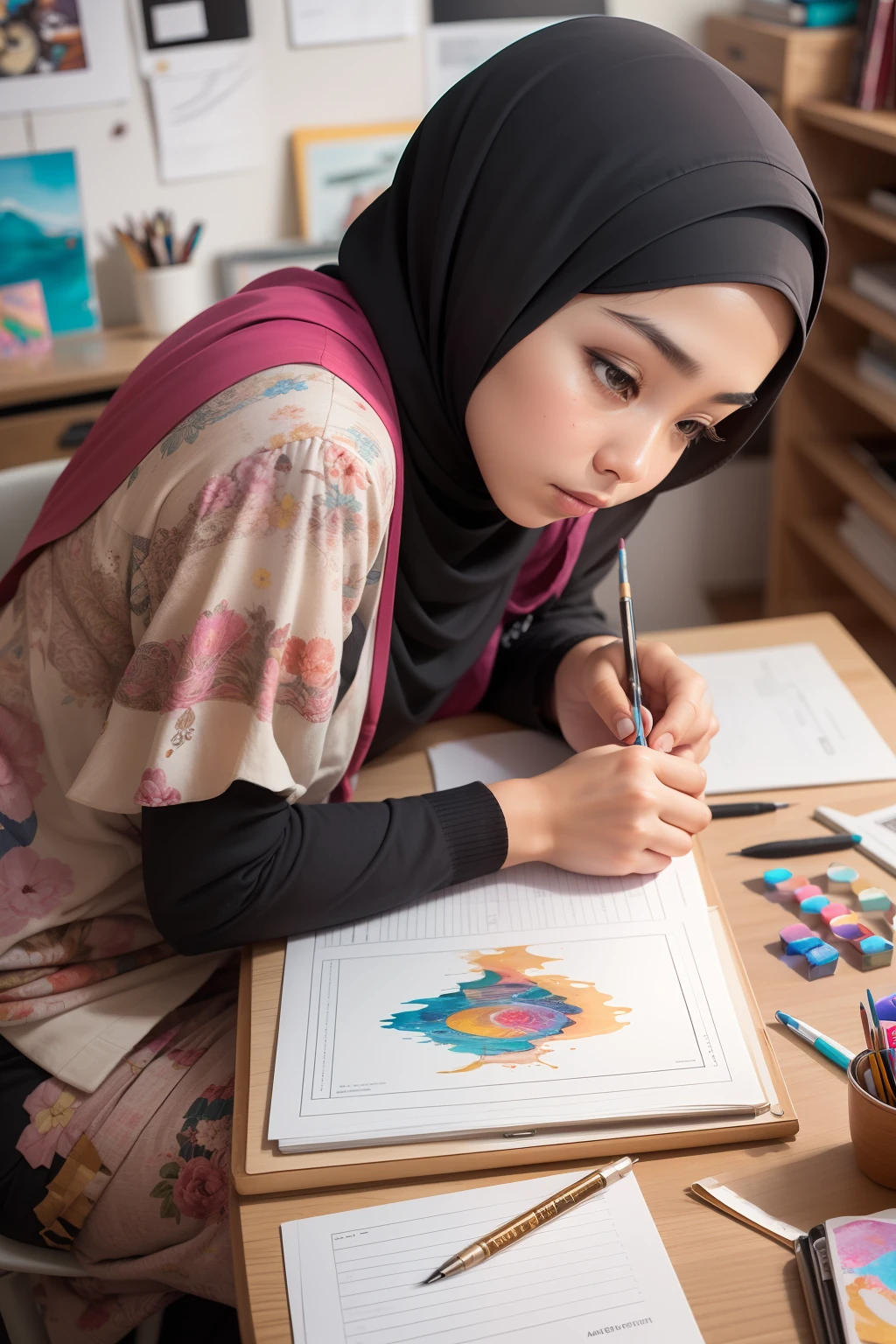 Capture a moment of reflection as a Malay girl in hijab sits at her desk, surrounded by art supplies, her creativity and passion for the arts evident in the details of her workspace