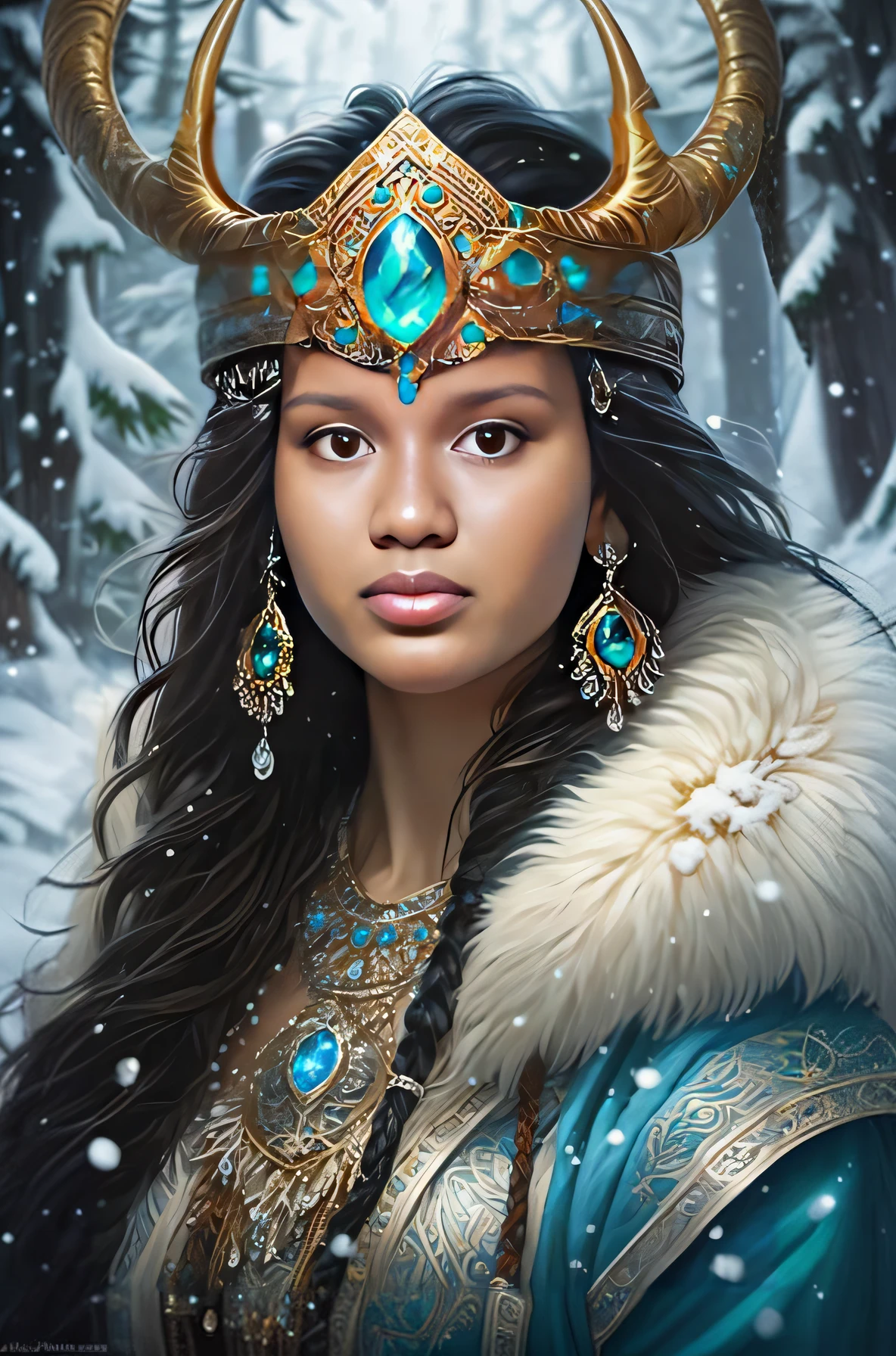 uma mulher com chifres e um vestido azul na neve, Rainha do Inverno, deusa do inverno, Directed by: Nikita Veprikov, arte do retrato da fantasia, Directed by: Andrei Ryabushkin, retrato da arte da fantasia, retrato bonito da arte da fantasia, retrato de fantasia fosco detalhado, Directed by: Andrey Yefimovich Martynov, princesa de inverno, karol bak uhd, retrato da fantasia