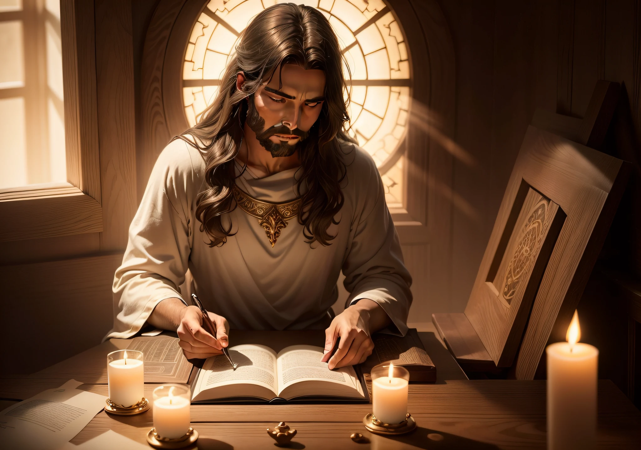 Generate a highly realistic and immersive image portraying Jesus in contemplative prayer, seated at a richly detailed wooden desk within his heavenly office. Pay meticulous attention to the intricate design of the desk, adorned with ornate carvings and polished to a luxurious sheen. Surround the desk with a tasteful arrangement of numerous intricately designed candles, each emitting a soft, flickering light. Overhead, visualize a divine light source pouring a warm, ethereal glow upon Jesus, casting intricate shadows that enhance the depth and realism of the scene.