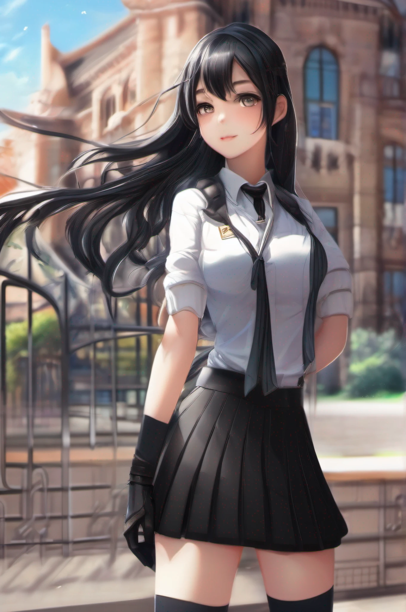 1girl, teen, white uniform, black skirt, high resolution image, school background, long black socks, beautiful lady, long hair, black hair, 4k, sexy body