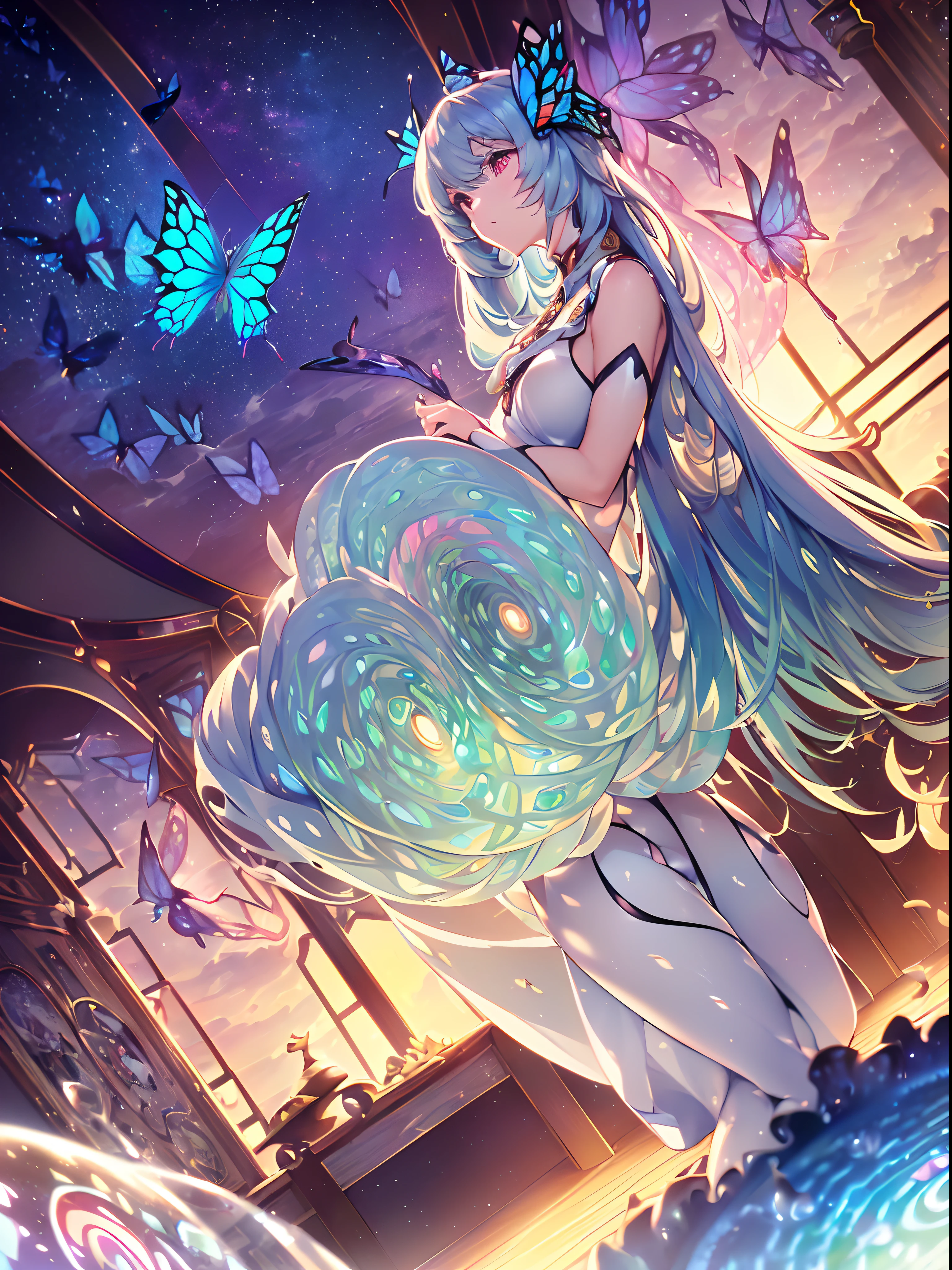 (((ayanami rei))),((((((BREAK,Design an image with a fisheye lens effect, capturing a wide field of view with a distinctive, curved perspective.BREAK,)))))((1girl:1.1,solo,))(masterpiece,best quality, official art,back to viewers, beautiful and aesthetic:1.3),((ultra high res,golden ratio,)) (4k),((from side,dawn,rainbow,raindrops, dreamland,beautiful sky,detailed aurora)),((((spiral bubbles,))))national lighting,good lighting,ray tracing,dynamic lighting, cinematic lighting,((((butterfly mountain,))))(fantasy,)((psychedelic)),((dreamy)),((holographic,))radiosity, physically-based rendering,automatic white balance), technological sense,Amazing,sharp focus,detailed background,rich background,astonishing background, (((high detailed skin,)))dynamic lighting,intricate detailed outfit,glowing eyes,watery eyes,((extremely long hair,hair over shoulders)),skiny,slender,smooth beast,smooth legs,sundress,((musical notes,fetal,mushrooms)),(masterpiece sidelighting),(bishoujo,lustrous),(sky blue hair,pink eyes,）[[delicate fingers and hands:0.55]::0.85],(detail fingers),(((Ultra Photographic Quality,ultra wide angles)))),((incredibly absurdres,photoreality)),(realilty:0.7),((a girl is chanting,put hands together,))((Wariza:0.8,full body shot,))Golden rings,((extremely_detailed_eyes_and_face)),(disheveled hair),FilmGirl,(dynamic configuration: 0.9),Brilliant,drifting Nebula,ethereal, glossy ,striking contrast,high saturation