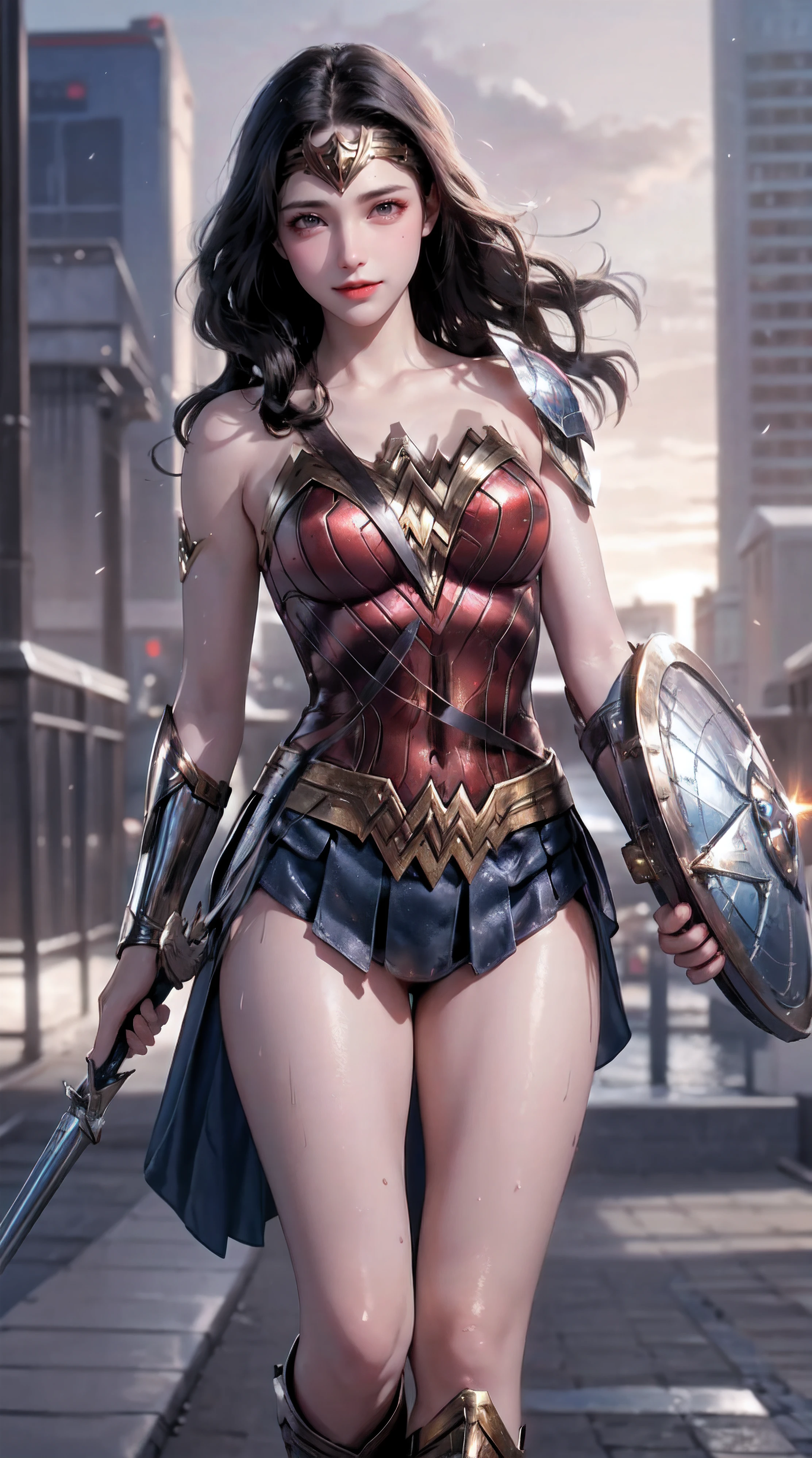 best quality, 1girl, solo, wonder woman, breasts, shiny skin, looking at viewer, cowboy shot, black hair, brown eyes, cityscape, blurry background, dynamic pose, night,hold a shield, wet,