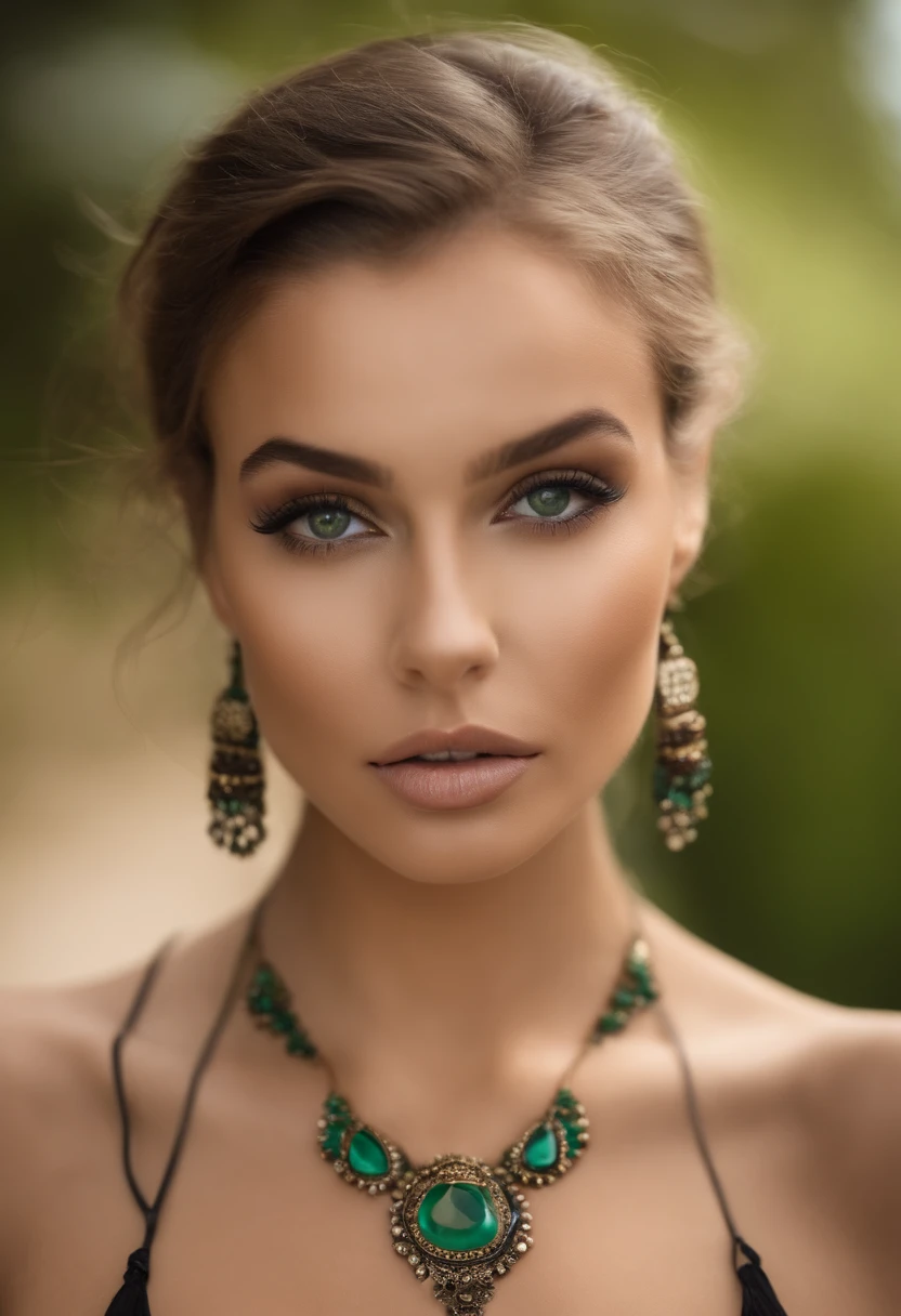 Femme Arafed avec un bikini noir et un collier sur la plage, fille sexy aux yeux verts, Portrait Sophie Mudd, cheveux bruns et grands yeux, Photo of a young woman, Yeux de chambre, Violet Myers, sans maquillage, maquillage naturel, looking straight at camera, Visage avec Artgram, Maquillage subtil, piercing green eyes