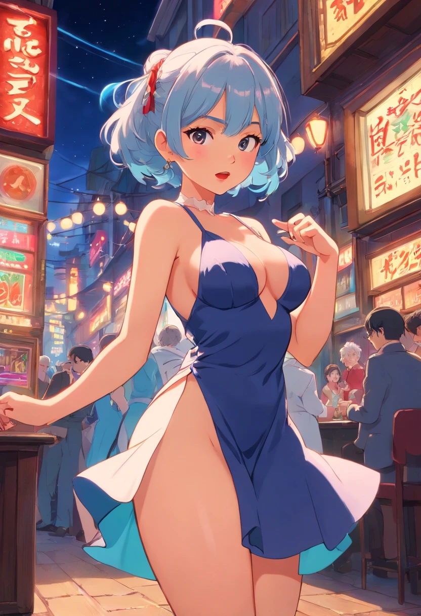Beautiful girl dancing, frowning eyebrows, Flushed face, Open mouth, tongue, Awkward gestures, Small face proportions (Eighth Rank), large full breasts, , Smooth and pronounced waist, Huge pelvis, plump butt, Dazzlingly white skin, Naughty posture, Seductive gestures, Wearing this and that, Random outfits for a nightclub,see -through (Exposing : random), Quite revealing dresses, neon sign, Brilliant lighting,club, Random hair color and hairstyle