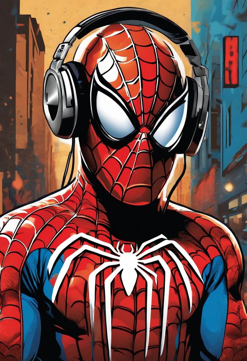 centered, isometric, vector t-shirt art ready to print highly detailed colourful graffiti illustration of Spiderman, wearing headphones, face is covered by highly detailed damaged spiderman mask, vibrant color, high detail