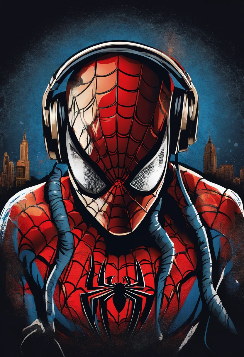 SPIDER-MAN DJ, centered, headphones, key visual, intricate, highly detailed, breathtaking beauty, precise lineart, vibrant, comprehensive cinematic, Carne Griffiths, Conrad Roset, (the most beautiful portrait in the world:1.5) --auto --s2