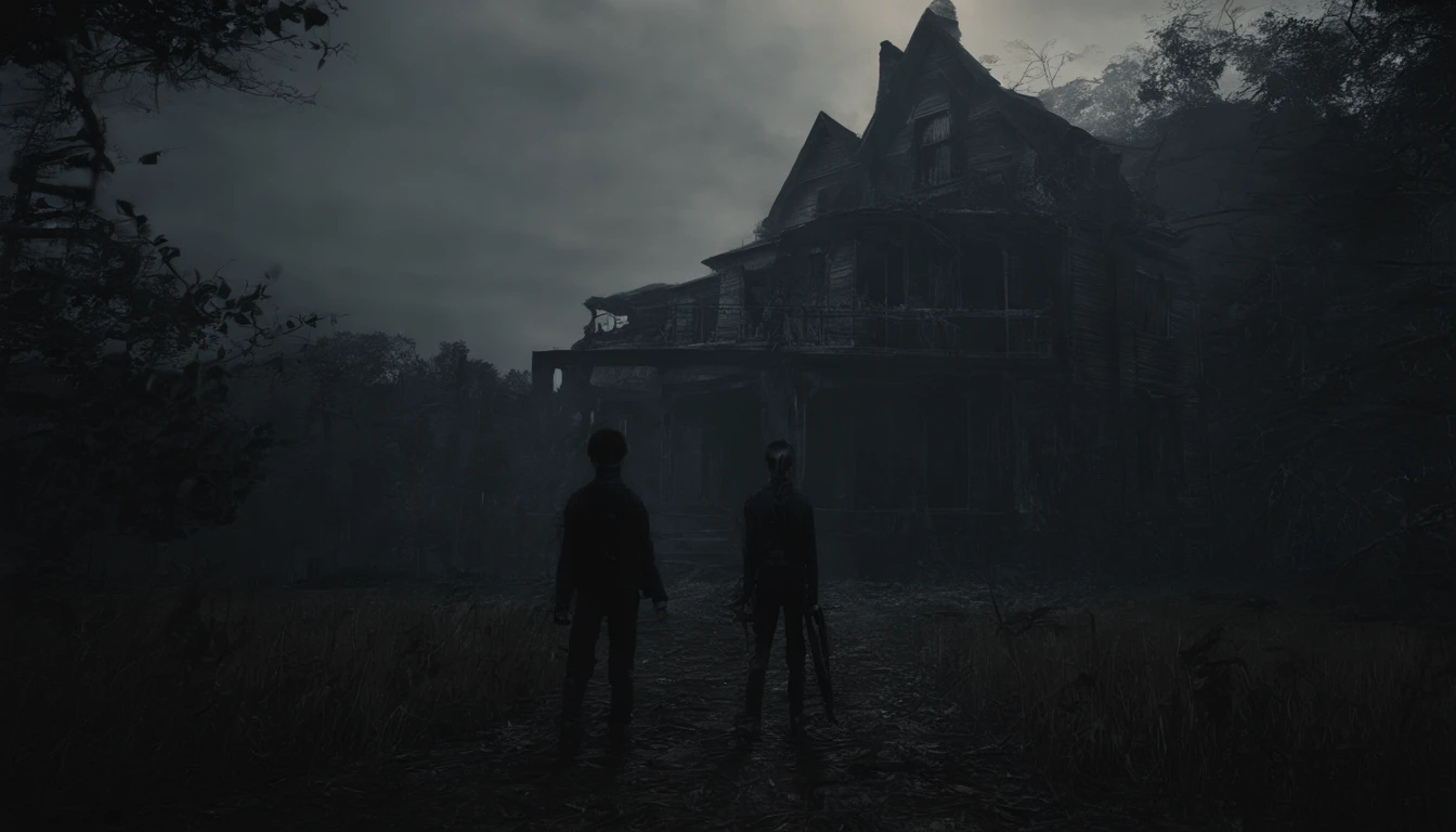 Hunted mention, a boy standing front of hunted mention with bagpack, dark, YouTube thumbnail, one boy, hunted house, dark moody, realistic, 4k,render,house in middle of the jungle, horror