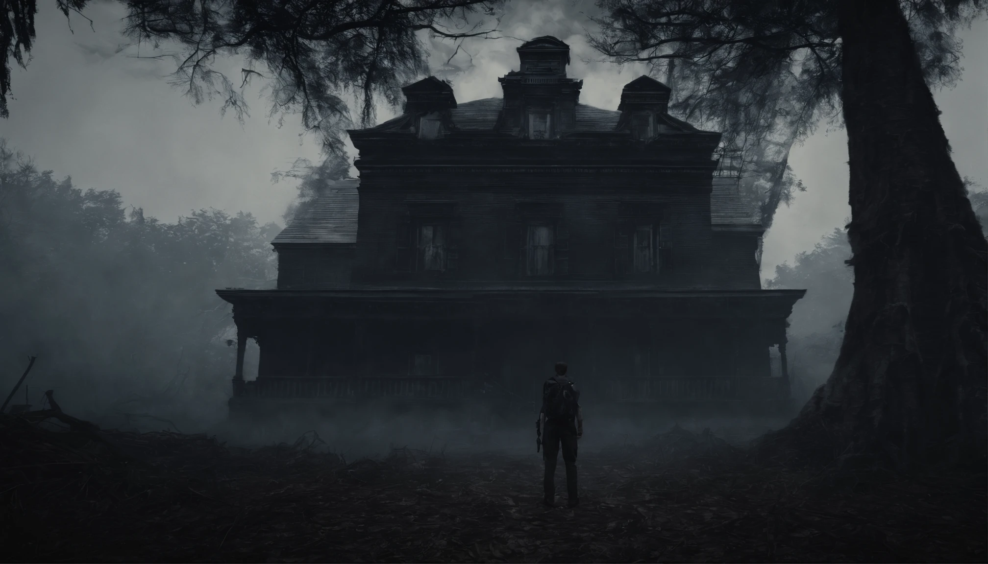 Hunted mention, a boy standing front of hunted mention with bagpack, dark, YouTube thumbnail, one boy, hunted house, dark moody, realistic, 4k,render,house in middle of the jungle, horror