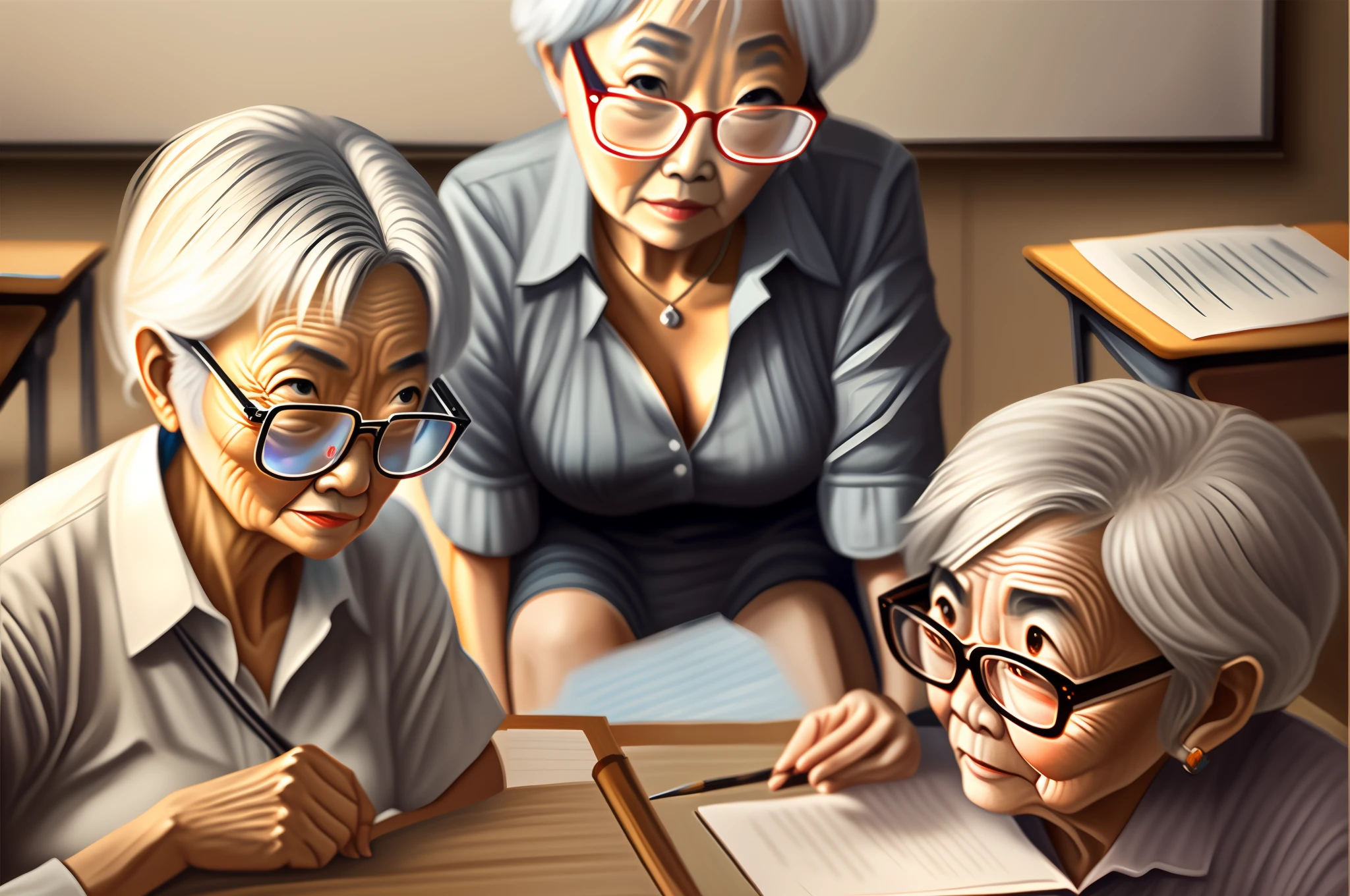 In the classroom，A group of students gathered around the teacher to ask questions，Gray-haired old teacher，Asian people，wears glasses，closeup cleavage，sharp focus on eyes，8K，super-fine，oil painted，Hyper-realistic，best qualtiy