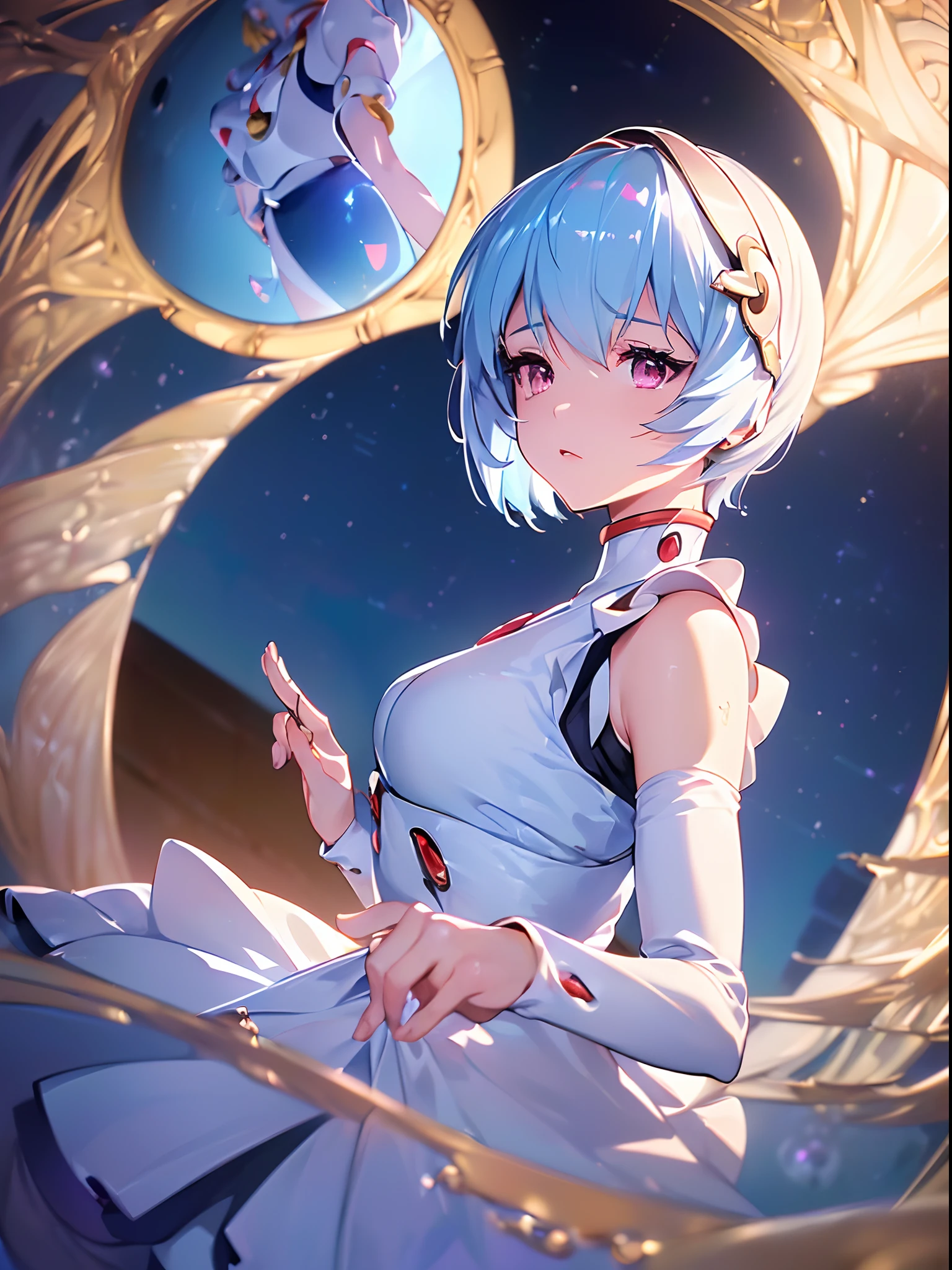 (((ayanami rei))),((((BREAK,Design an image with a fisheye lens effect, capturing a wide field of view with a distinctive, curved perspective.BREAK,)))1girl,solo,(masterpiece,best quality, official art,aim to viewers, beautiful and aesthetic:1.3),((ultra high res,golden ratio,)) (4k),((seen from below,sunset,in the ocean)),((((detailed bubbles,))))dynamic lighting, cinematic lighting,(fantasy,dreamy,photon mapping, radiosity, physically-based rendering,automatic white balance), technological sense,Amazing,sharp focus,rich background, (((high detailed skin,)))dynamic lighting,intricate detailed outfit,glowing eyes,watery eyes,((short hair,))deadpan,skiny,slender,white plugsuit,headgear,(masterpiece sidelighting),(bishoujo,lustrous),(sky blue hair,pink eyes,）[[delicate fingers and hands:0.55]::0.85],(detail fingers),(((Ultra Photographic Quality,ultra wide angles)))),((incredibly absurdres,photoreality)),(realilty:0.4)full body shot,((extremely_detailed_eyes_and_face)),(disheveled hair),FilmGirl,(dynamic configuration: 1.2),Brilliant,drifting Nebula,ethereal, glossy ,striking contrast,