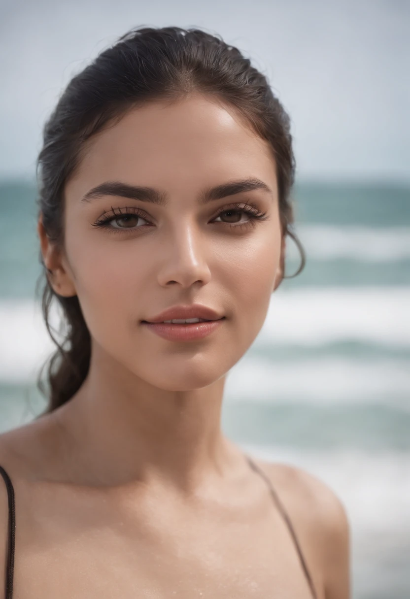 Day scene, close up photo of a sexy latina close uo view, bathing in a ocean,naked, soaked in water, big cheeks, deep cleavage, wet hair, necklace, erotic face, 24 yo, look at viewer and seductive smile, (cinematic:1.3), intricate details, (ArtStation:1.2)