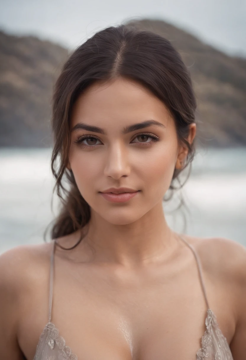 Day scene, close up photo of a sexy latina close uo view, bathing in a ocean,naked, soaked in water, big cheeks, deep cleavage, wet hair, necklace, erotic face, 24 yo, look at viewer and seductive smile, (cinematic:1.3), intricate details, (ArtStation:1.2)