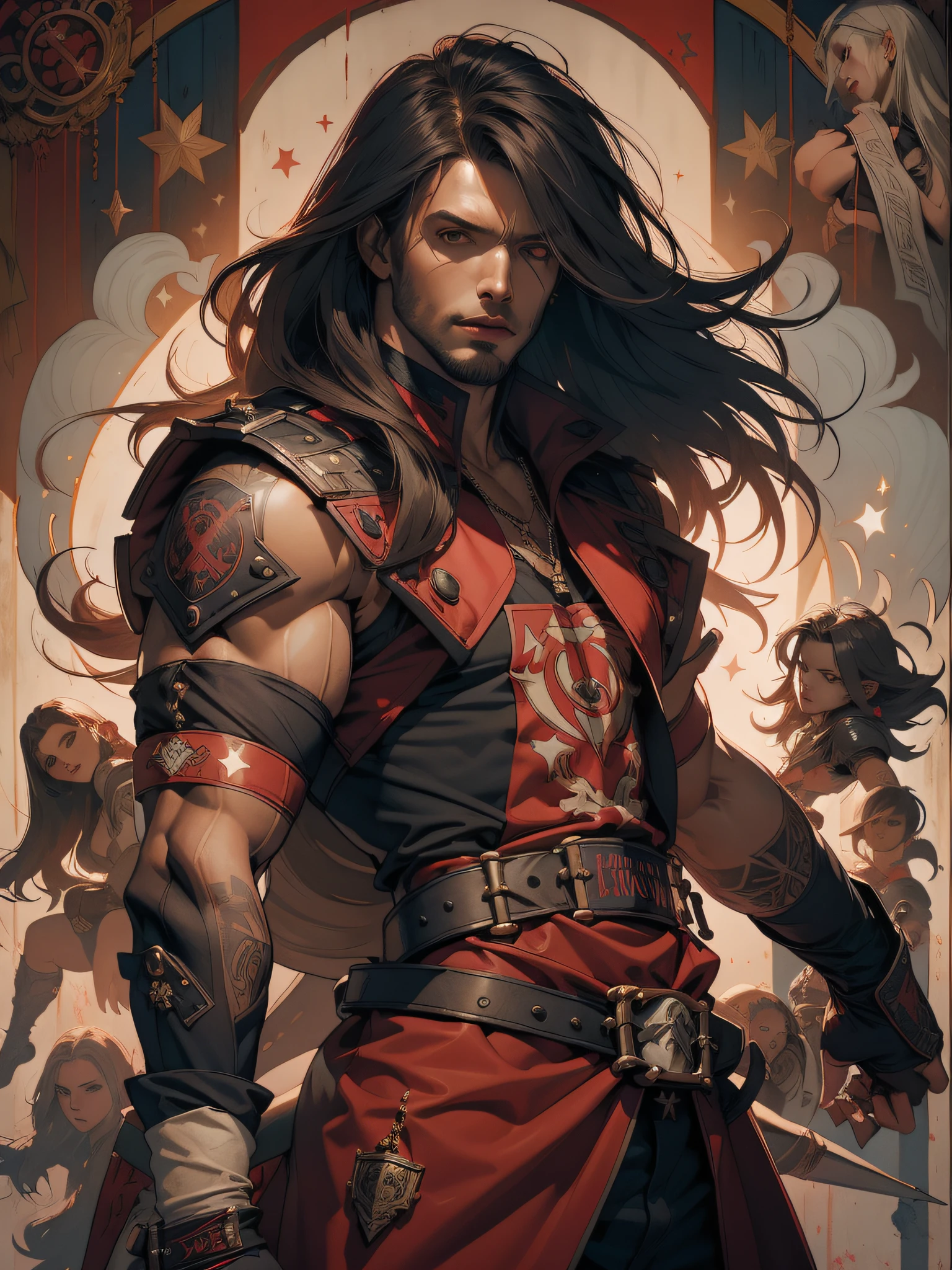 (((Homem))), (((melhor qualidade))), (((obra prima))), (((adulto))), (((ung man))), ((( corte de cabelo bob ))), Um vampiro alucard, Castlevania, de 25 anos com corpo perfeito, shoulder pads with metal spines, Gladiadores do Brooklyn, (( corte de cabelo bob )), Tiny leather pants, capa preta camiseta de time de rugby rasgada, quase nu no estilo selvagem urbano de Simon Bisley para a capa da revista Heavy Metal, Cabelo branco, Minimum clothing, Metal protection on the left arm with intricate graphics, Dark red with white stars and white and navy blue checkerboard pattern, armadura, cheio de pontas e rebites, (((do joelho pra cima))), cabelos branco curto, no fundo uma parede pintada por Shepard Fairey com um design intrincado sem fundo