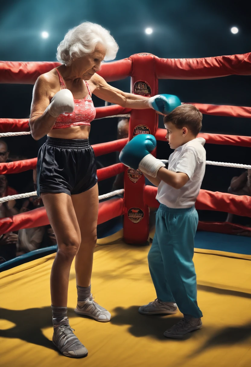 Elderly woman in bikini boxing teenage boy in boxing ring