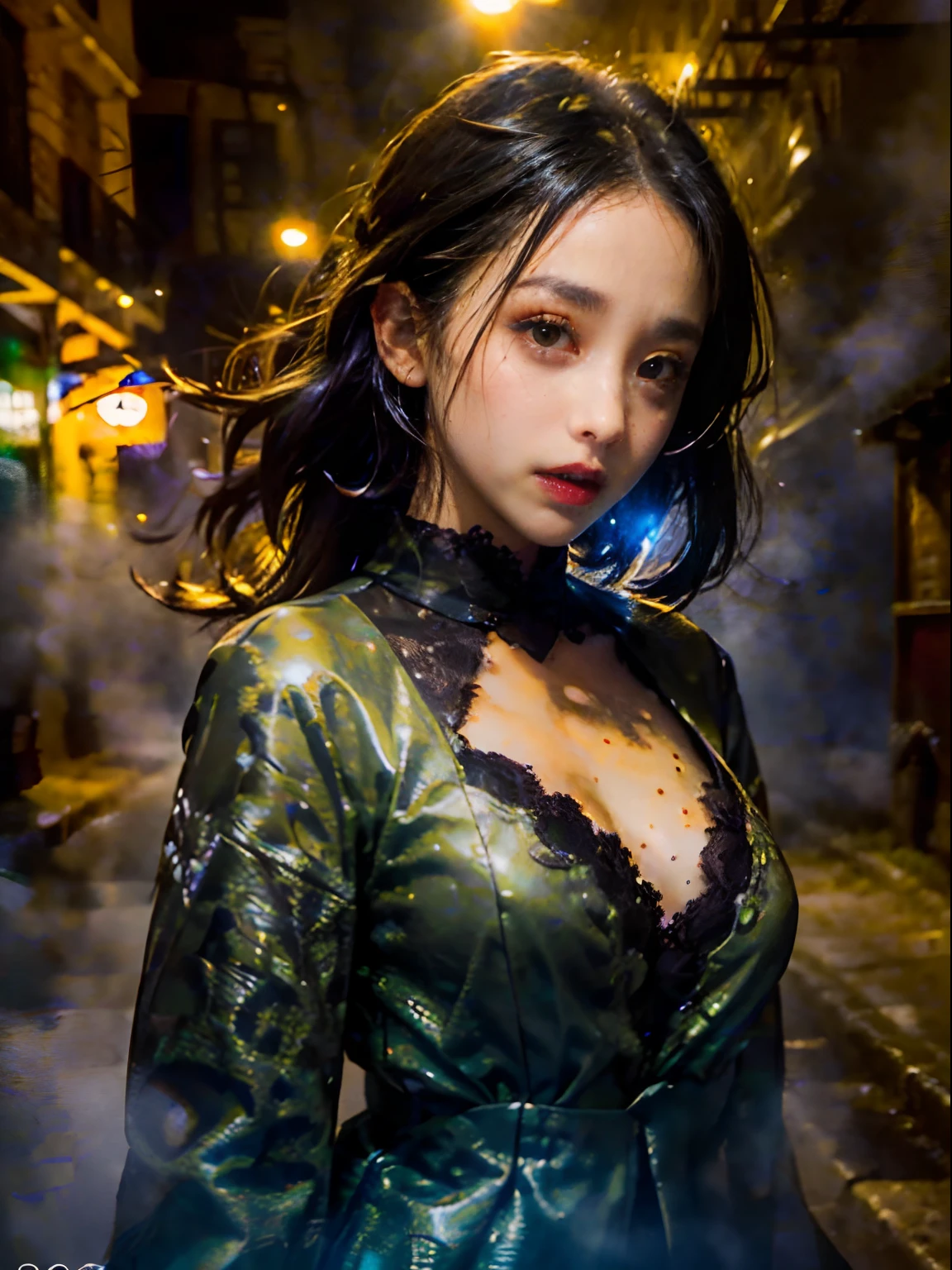 Photo realistic, Horror theme, underworld theme, dark element, realistic high quality masterpiece, (beautiful) Japanese female,sad face, detailed face, age 27, symmetrical eyes,symmetrical face,subtle vampire fangs, violet eyes, wavy long black hair, walking down dark,black magic, foggy, misty, moonlit alley,clouded quarter moon in sky in background, moonlit,with fog and shadows, spooky,nightime,cinematic lighting,dressed conservatively, wearing a deep purple lace top & double breasted coat black (buttoned up) closed coat black, medium length black skirt black., fix hands, detailed lips