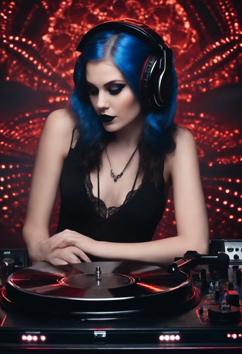 Gothic girl naked who mixes in the evening on a DJ turntable