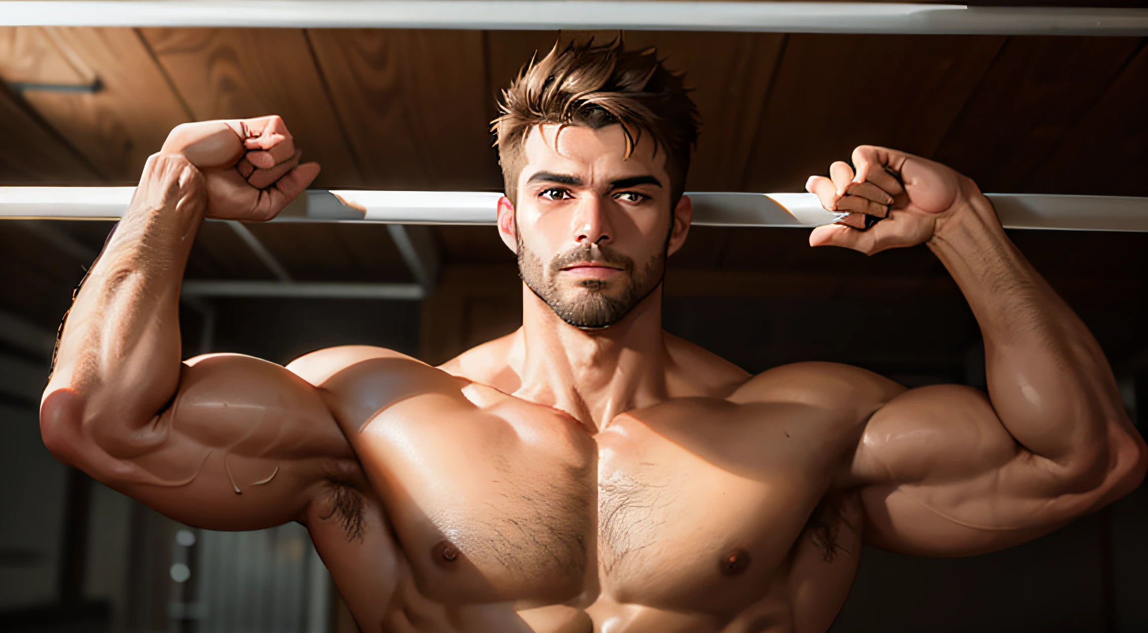 Handsome, The stubble-bearded muscular man raised his shirtless hands and grabbed the horizontal bar above his head，Outstanding quality，Real Photographics